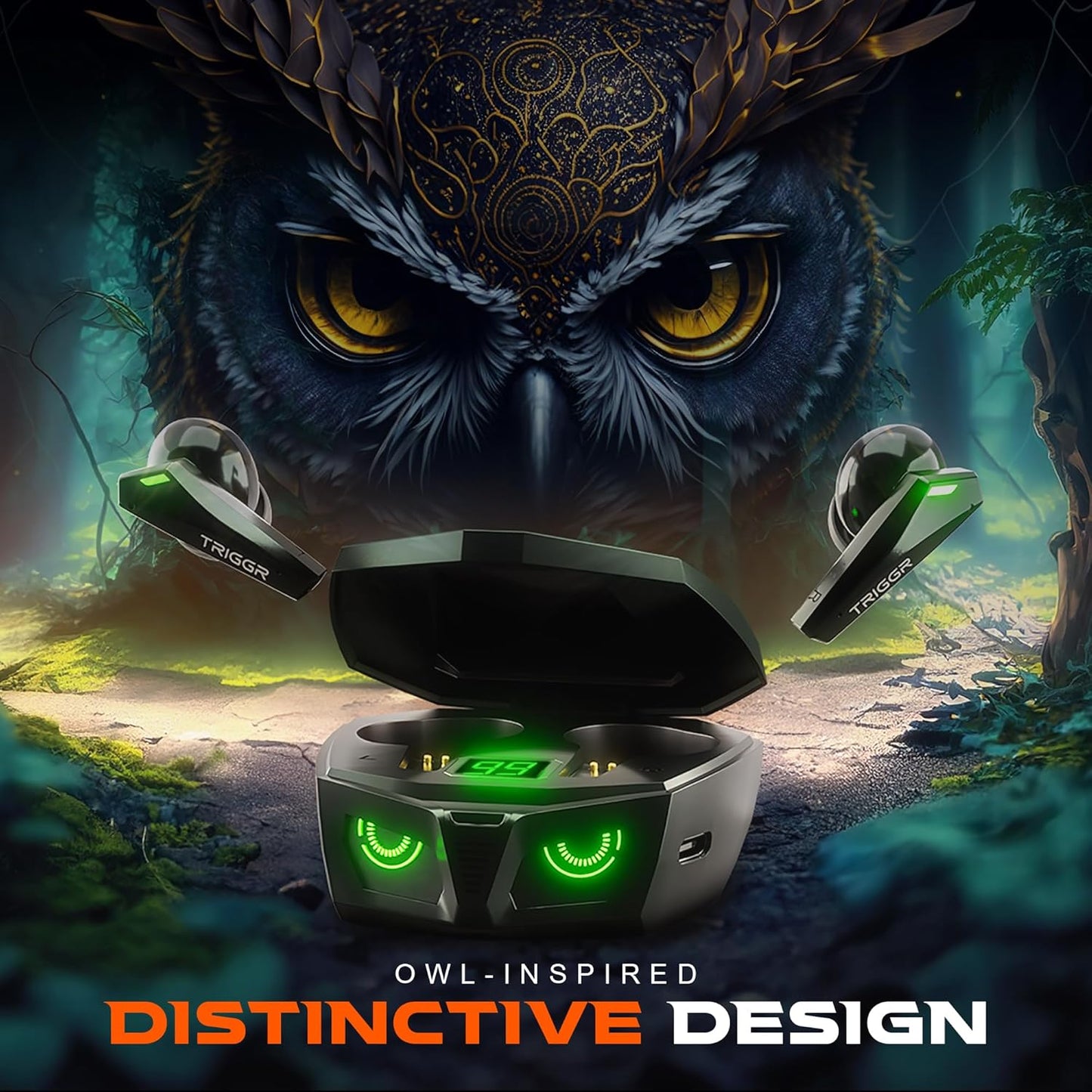 (OPEN BOX) TRIGGR Kraken X1 with Battery Display, 40ms Latency, Quad Mic ENC, 40 Hr Battery, v5.3 Bluetooth Headset (Black, True Wireless)