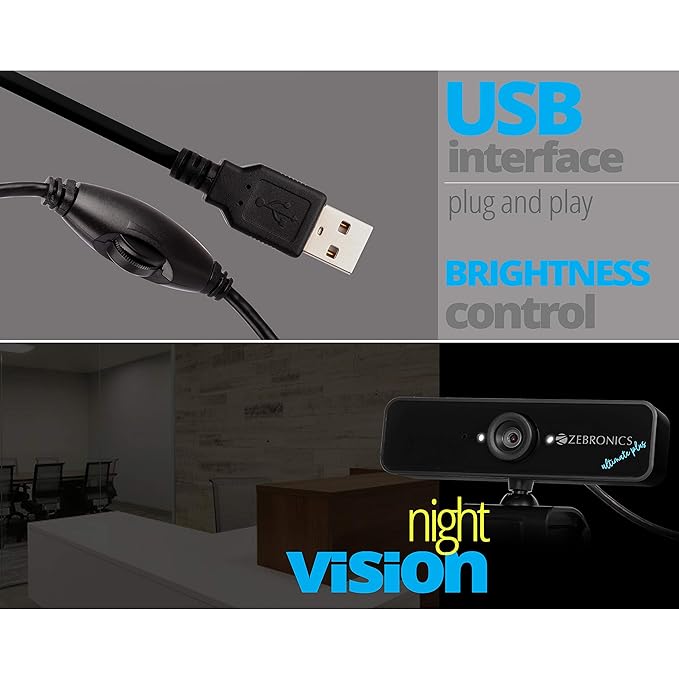 (Open Box) ZEBRONICS Zeb-Ultimate Plus USB Powered high Resolution Web Cam with 5P Lens and Full HD1920x1080,Built-in mic, Night Vision with Control pod for Brightness with 1.5M Cable, Optical Zoom