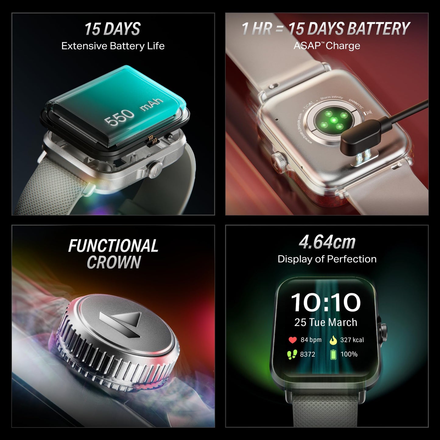 (Open Box) boAt Storm Infinity Plus w/15 Days Extensive Battery fueled by Huge 550mAh Battery, Fast Charge, 1.83”(4.65cm)HD Display, Functional Crown, BT Calling, Smart watch for Men & Women (Active Black)