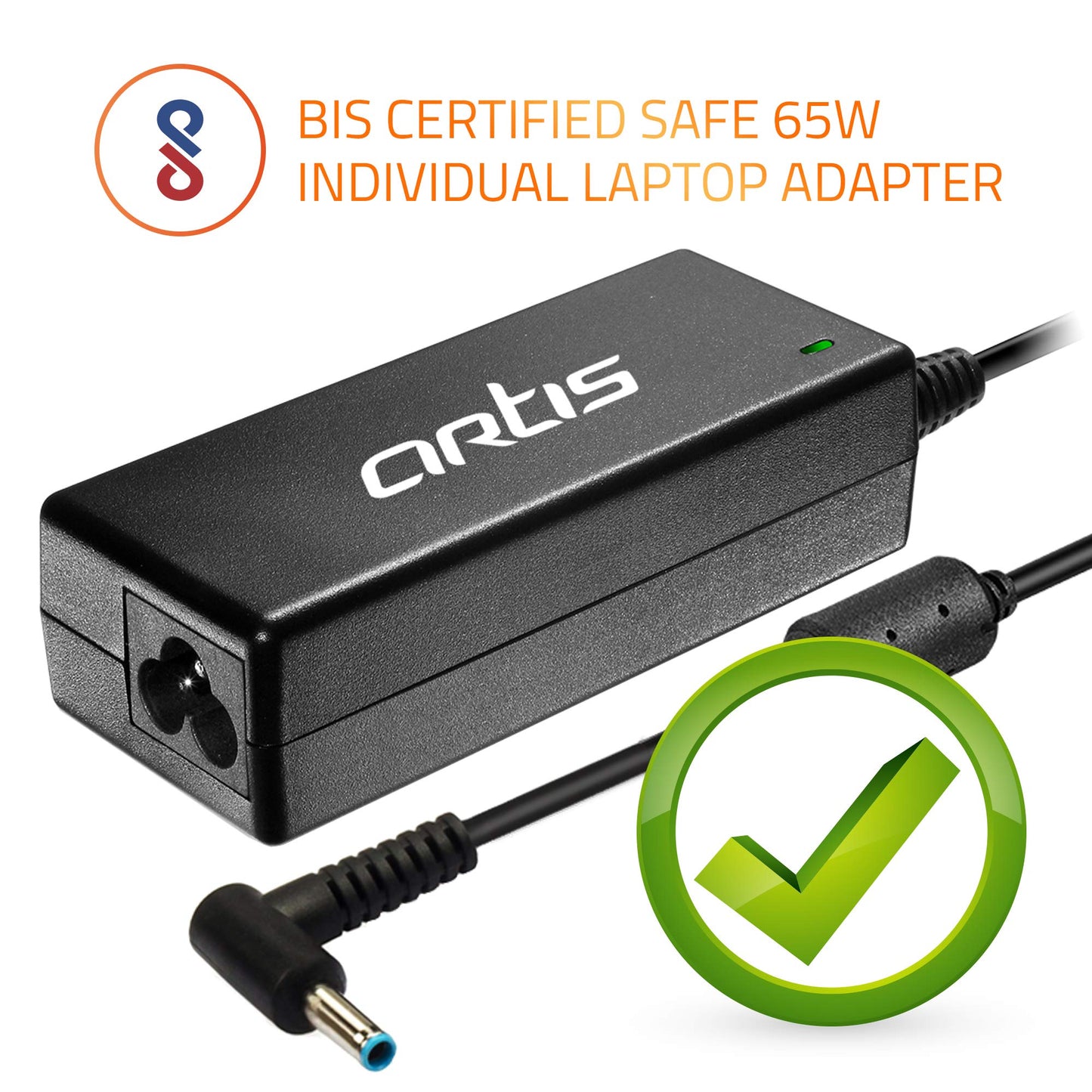 (Open Box) Artis AR0502 65Watt Laptop Charger/Adapter with Power Cord Compatible with HP Laptops (18.5V/3.5A, 65Watt) (Pin Size: 4.5mm x 3.0mm) (BIS Certified)