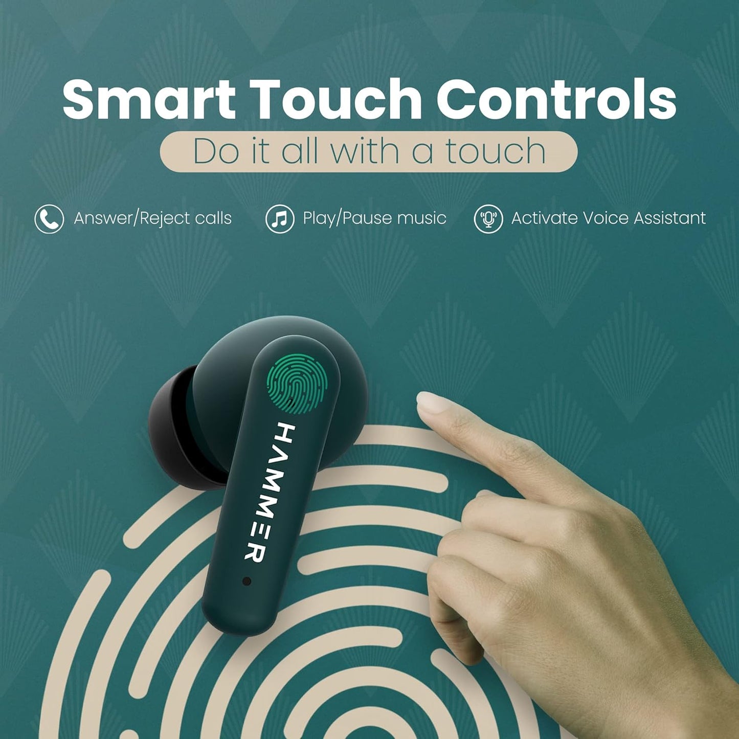 (Open Box) HAMMER Airflow Plus TWS Earbuds with Bluetooth 5.1, Smart Touch Control, Type-C Charging, IPX4 Rated SweatProof, Stereo Sound, Upto 23 Hours Playback, Noise Isolation (Emerald Green)