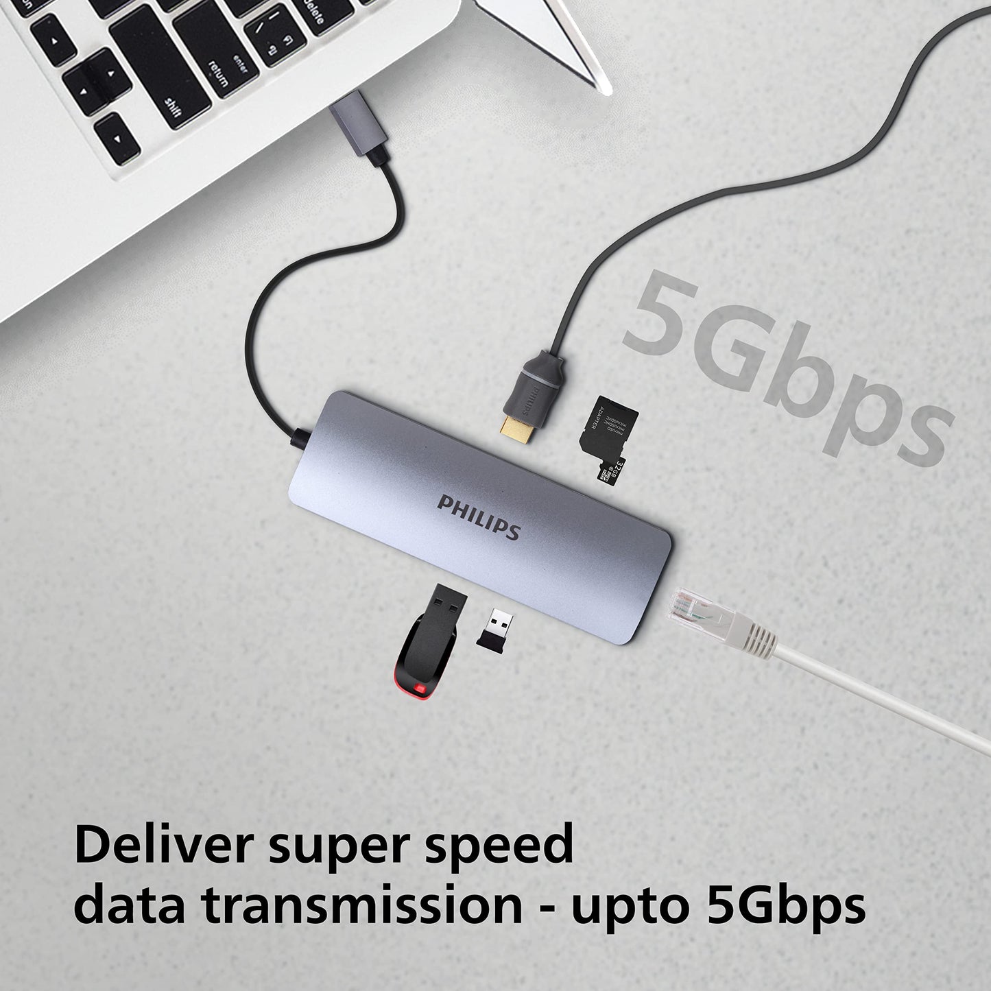(Open Box) PHILIPS 7 in 1 USB Type C to HDMI 4K 30Hz + 3 x USB A + PD (max 60W) + Micro SD Card Slot + SD Card Slot Dock Adapter for MacBook, Windows OS, iPad, Chromebook, Surface, Android Type C Port Devices
