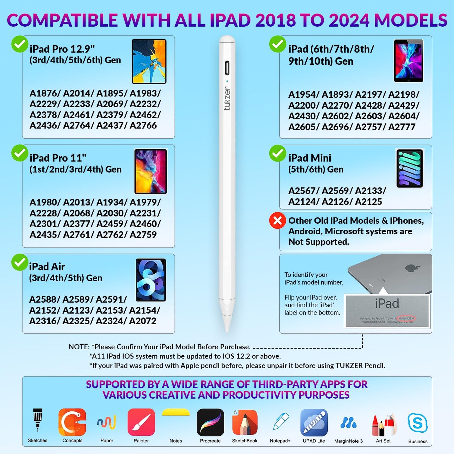 (Open Box)Tukzer 5-Replacement Tip Compatible with Tukzer Stylus Pen for iPad Palm Rejection, 2nd Gen Compatible for (2018-2021) iPad 6/7/8/9 Gen; iPad Pro(11/12.9") iPad Mini (5,2021) iPad Air 3rd Gen(TZ-TIP1)