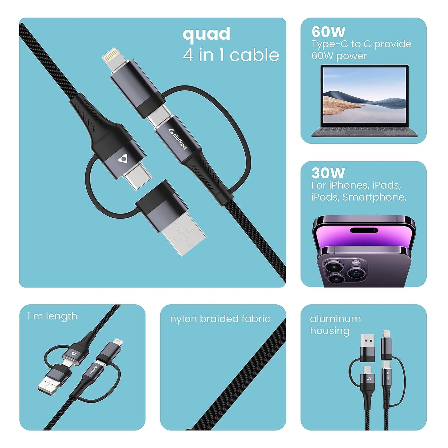 (Open box) Stuffcool Quad 4 in 1 Cable 65W PD USB to Lightning, USB to Type-C, Type-C to Lightning & Type C to Type-C Sync and Charge Nylon Braided Fast Charging Cable Compatible with iPhone 12/13/14, 1m 3 Feet