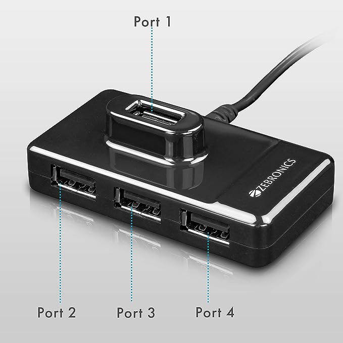 (Open Box) ZEBRONICS Zeb-100HB 4 Ports USB Hub for Laptop, PC Computers, Plug & Play, Backward Compatible - Black