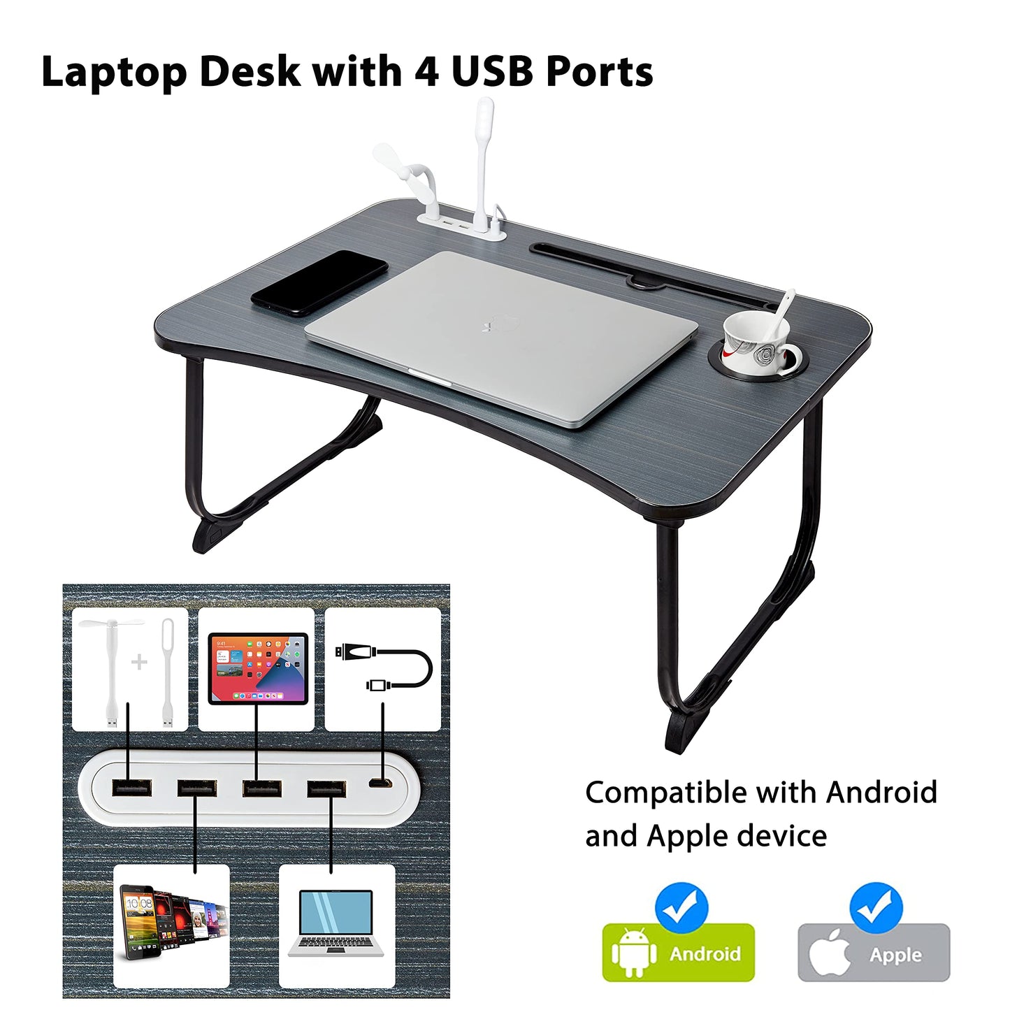 (OPEN BOX)GoRogue Laptop Table for Bed & Sofa, Foldable Desk with Cup Holder, Drawer & Built-in USB Hub with Free Mini Fan, LED Lamp (Black)