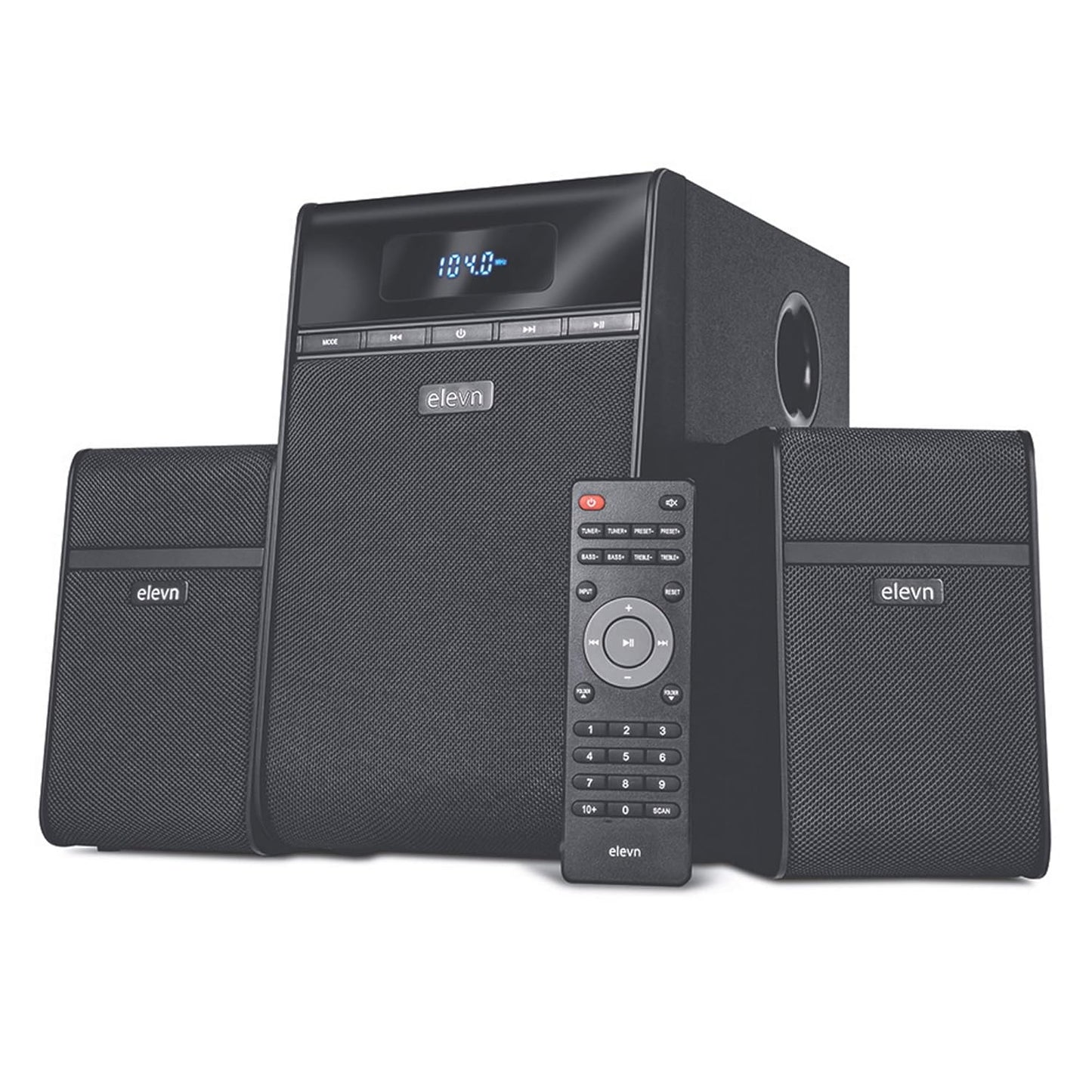 (Open Box) elevn Aura 80W 2.1 Channel Wireless Bluetooth Multimedia Speakers with Subwoofer Satellite Speaker, Remote, Digital FM & USB (Black)