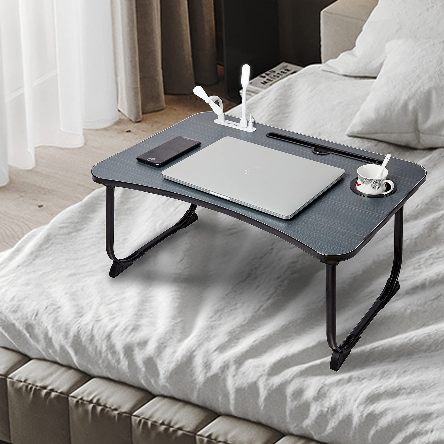 (OPEN BOX)GoRogue Laptop Table for Bed & Sofa, Foldable Desk with Cup Holder, Drawer & Built-in USB Hub with Free Mini Fan, LED Lamp (Black)