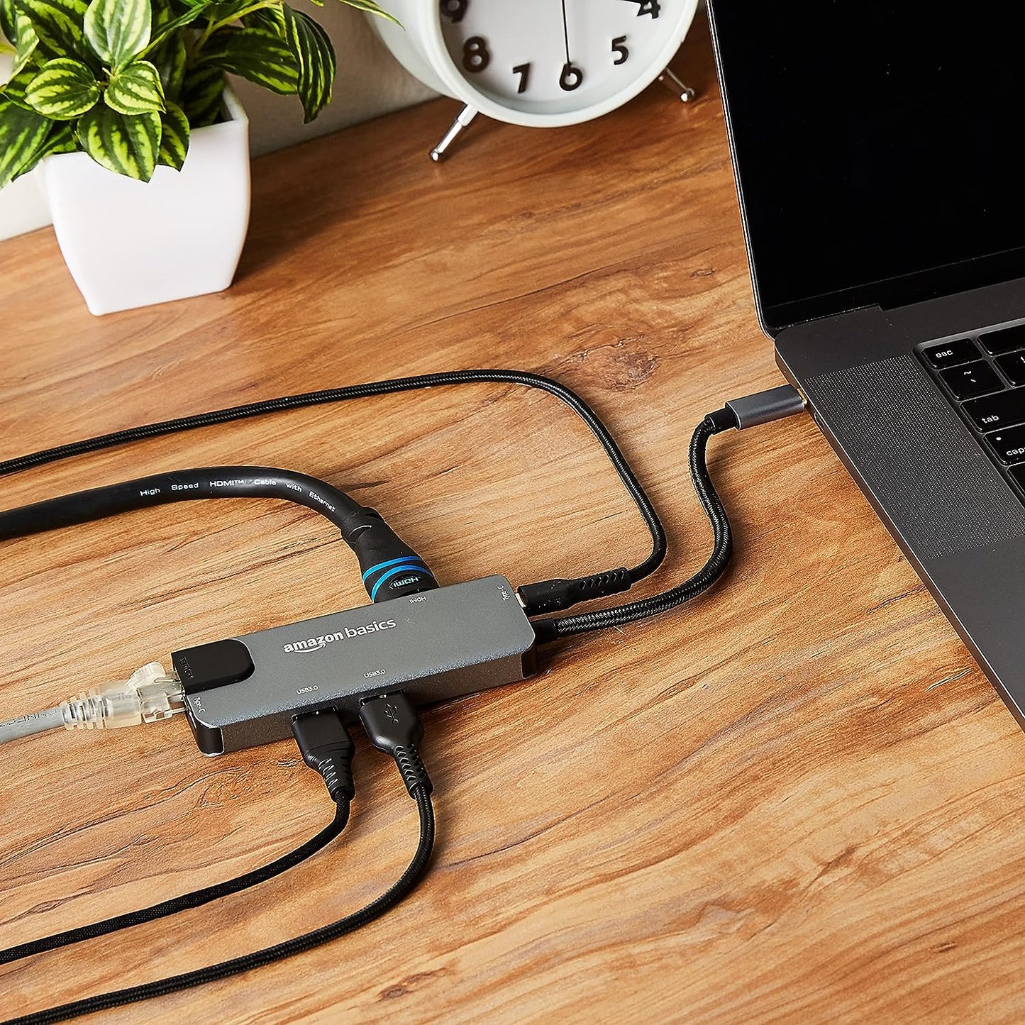 (Open Box) Amazon Basics 4 Port Superspeed USB 3.0 Hub with Charging Function and 15 CM Built-in Cable (Grey)