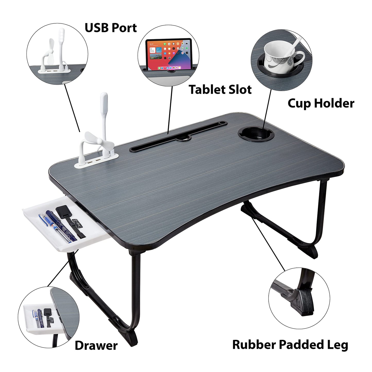 (OPEN BOX)GoRogue Laptop Table for Bed & Sofa, Foldable Desk with Cup Holder, Drawer & Built-in USB Hub with Free Mini Fan, LED Lamp (Black)