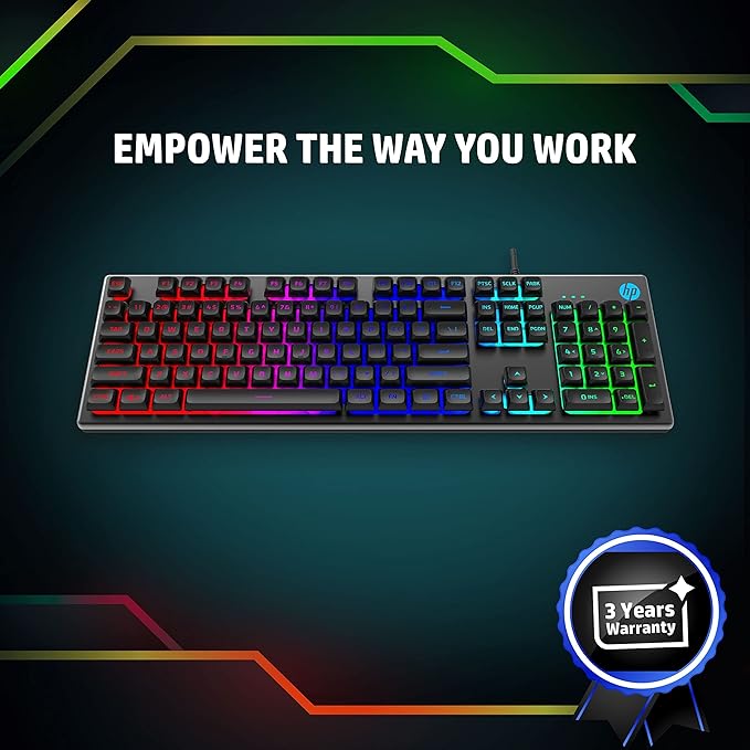 (Open Box) HP K500F Backlit Membrane Wired Gaming Keyboard with Mixed Color Lighting, Metal Panel with Logo Lighting, 26 Anti-Ghosting Keys, and Windows Lock Key (7ZZ97AA)