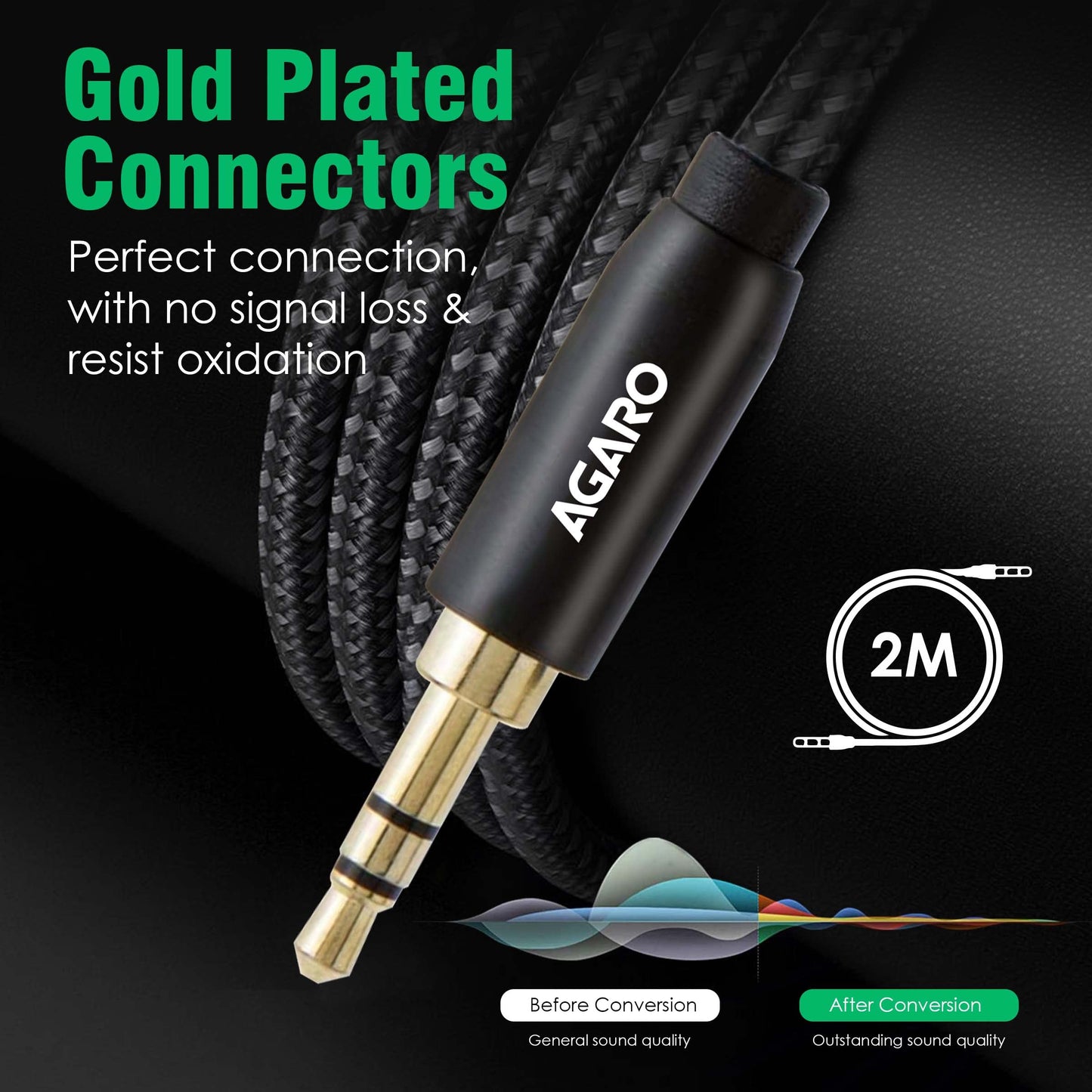 (Open Box) AGARO 3.5mm Audio Cable Stereo Aux 90 Degree Right Angle Aux Cable 24K Gold Plated Male to Male Hi-Fi Sound for Car,Home Stereos,Speakers,Tablets 2M/ 200CM/ 5.6 Ft,Silver & Black,33665