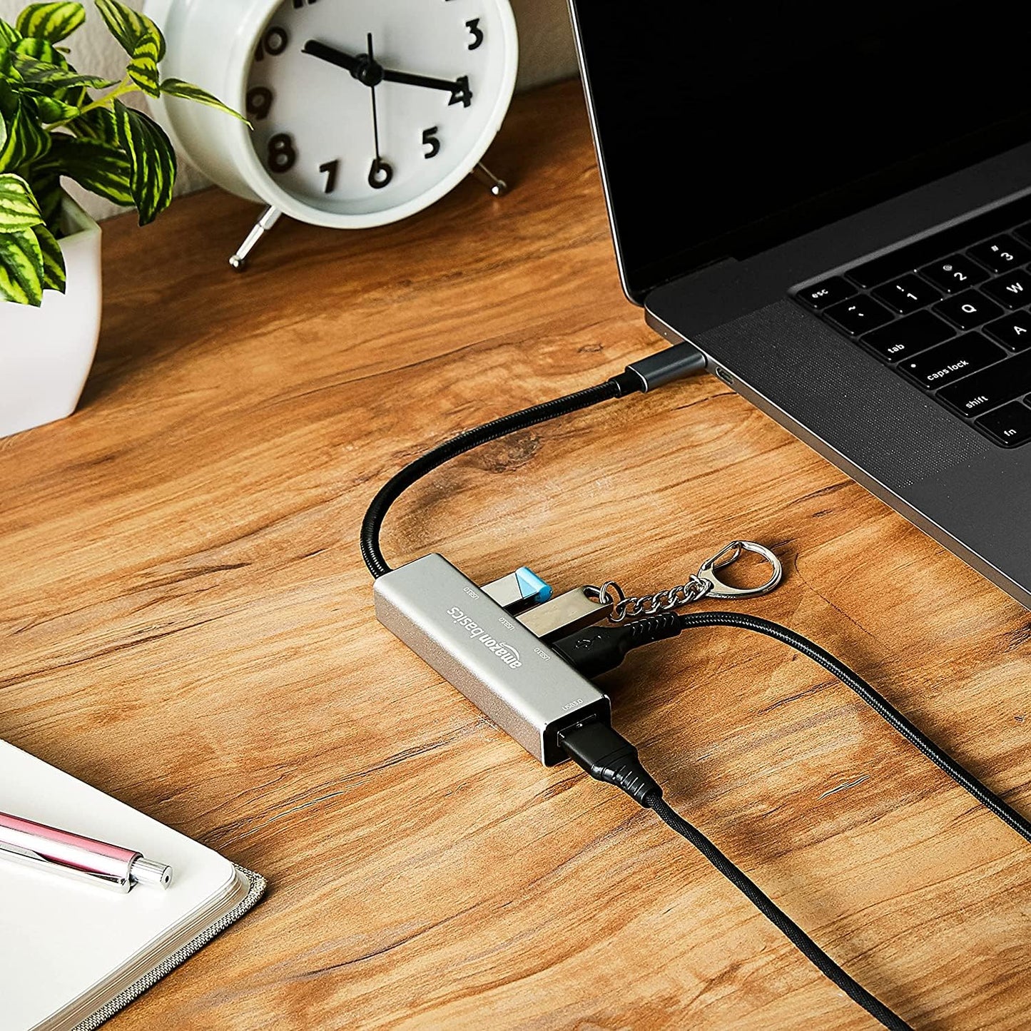 (Open Box) Amazon Basics 4 Port Superspeed USB 3.0 Hub with Charging Function and 15 CM Built-in Cable (Grey)