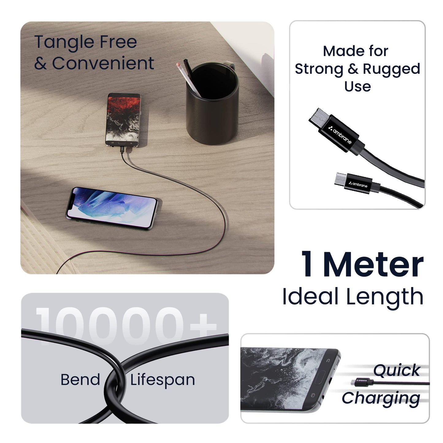(Open Box) Ambrane 2.4A Fast Charging Output Cable with Micro to USB for Mobile, Neckband, True Wireless Earphone Charging, 480mbps Data Sync Speed, 1m Length (ACM - AZ1, Black)