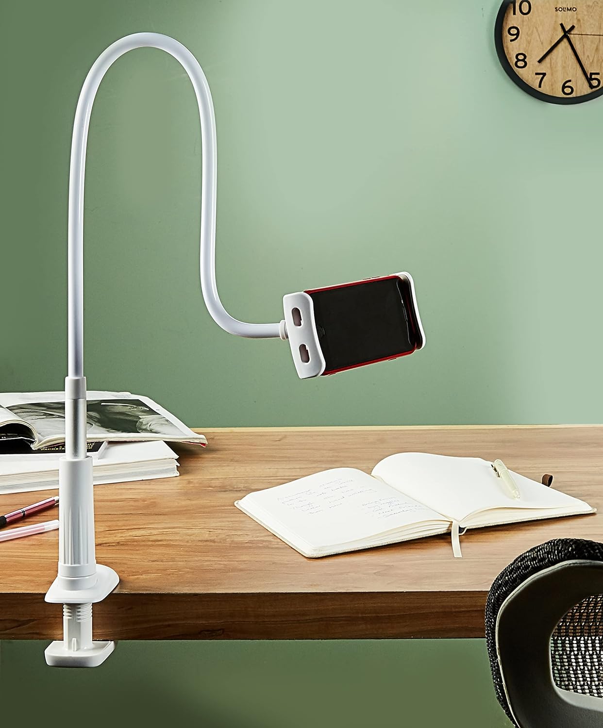 (Open Box) Amazon Basics Universal Mobile & Tablet Holder 360 Rotation, Long Flexible Alloy Arm | Stand for Desk, Table, Bed, Kitchen, Bathroom for 4.6-Inches to 10.4-Inches Tablet/Smartphones (White) Tabletop