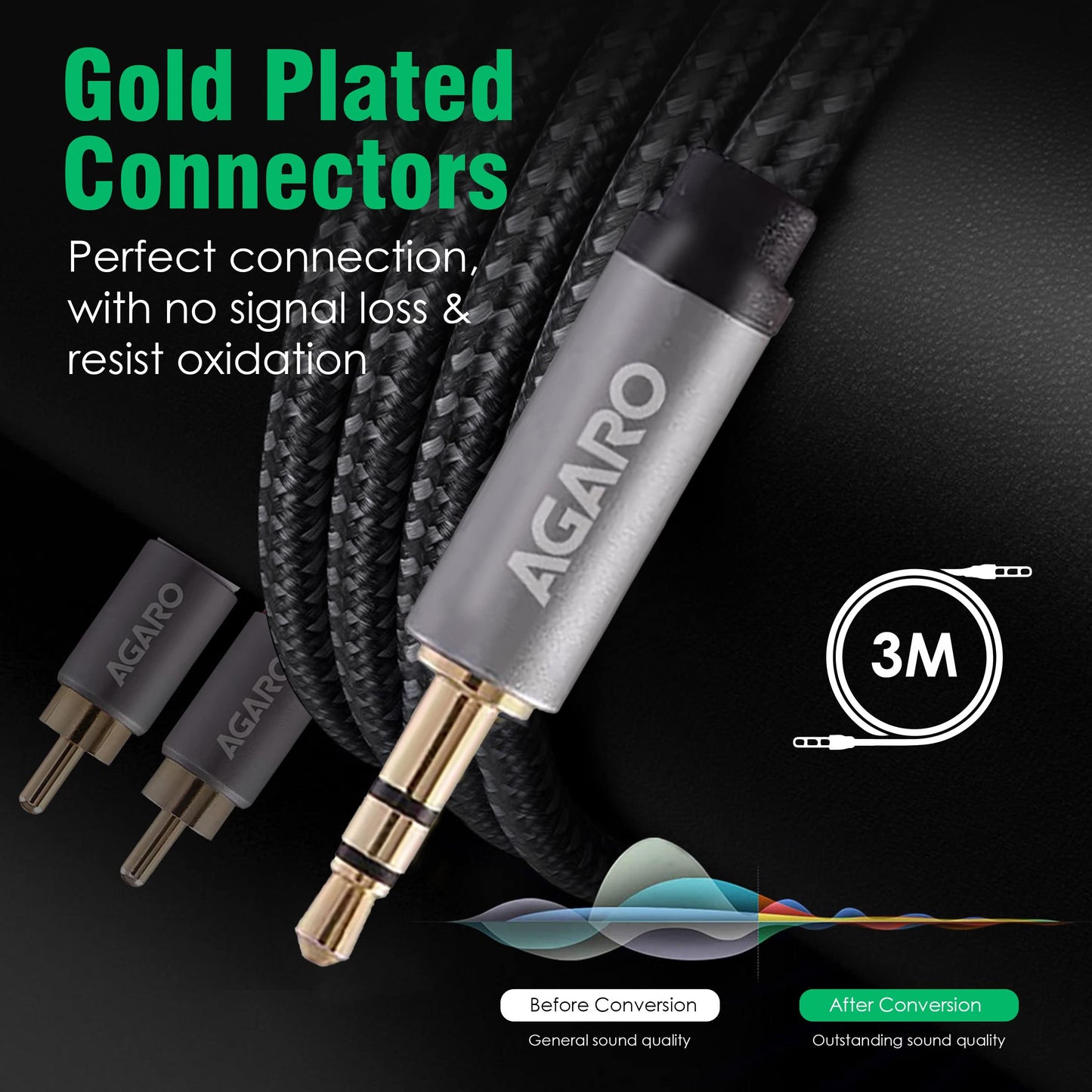 (Open Box) AGARO RCA Cable, 3.5 mm to 2 RCA Male Cable Audio Adapter, Stereo Audio Cable, 3.5 mm AUX to RCA Y Splitter Cable Male for Smartphone, Tablet, Speaker, MP3, TV, PC, Amplifiers, Metal Shell, 3M, grey