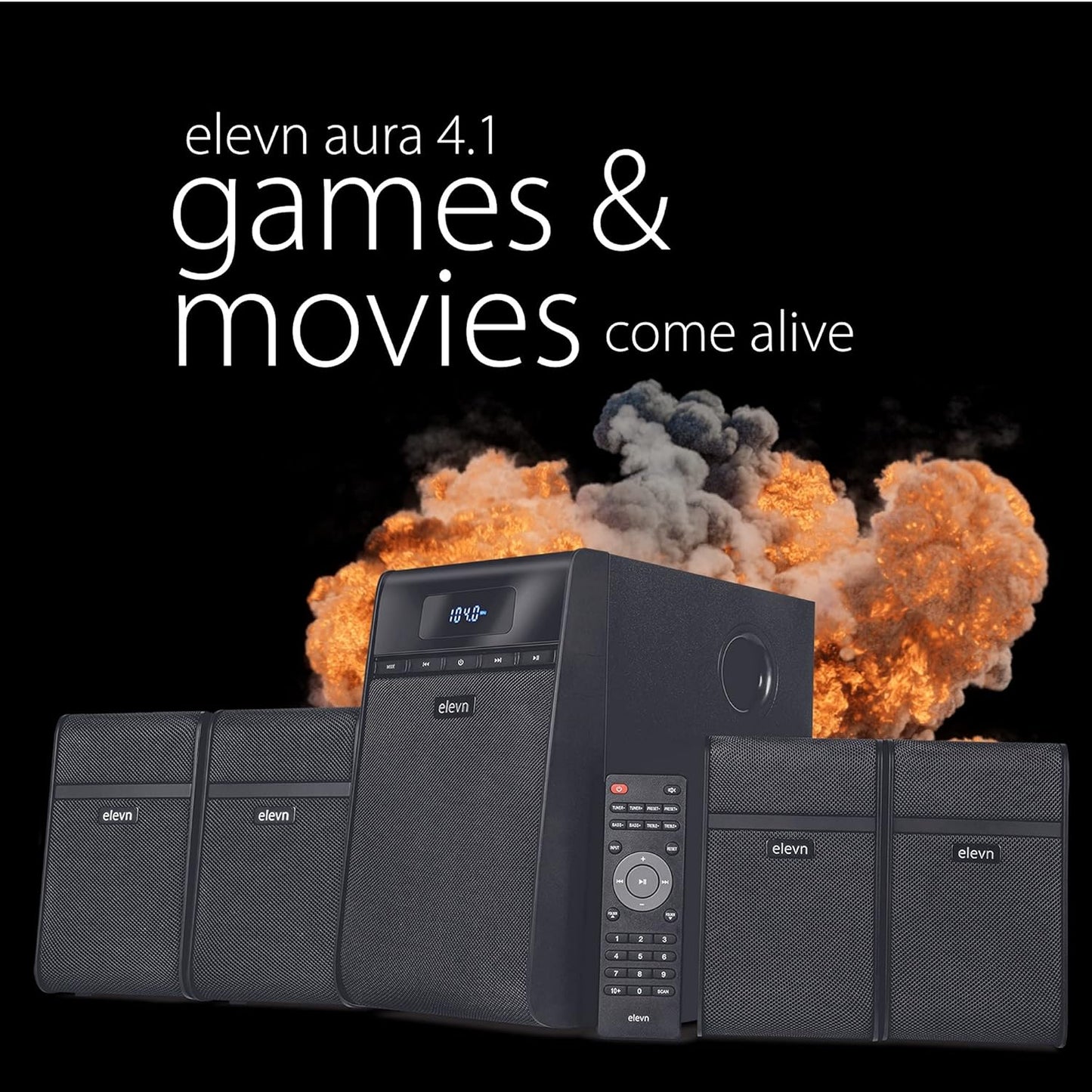 (Open Box) elevn Aura 120W 4.1 Channel Wireless, USB, Auxiliary, Bluetooth Subwoofer - Black