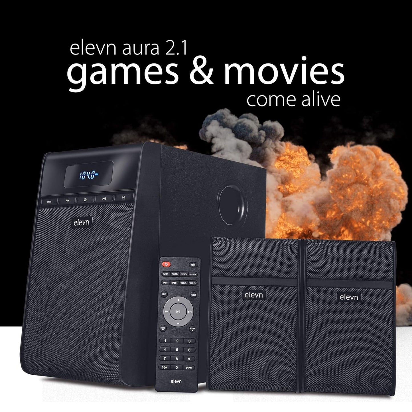 (Open Box) elevn Aura 80W 2.1 Channel Wireless Bluetooth Multimedia Speakers with Subwoofer Satellite Speaker, Remote, Digital FM & USB (Black)