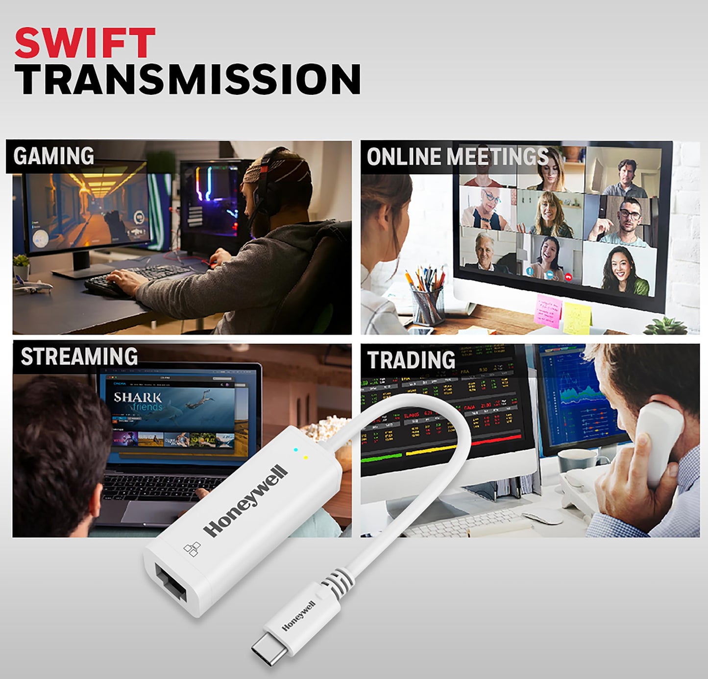 (Open Box) Honeywell 4-in-1 Type C 3.1 to USB 3.0 with RJ45 Gigabit Ethernet Adapter, 5GBPS Transfer Speed, 3x3.0 USB Ports, 1Gbps Bandwidth, Universally Compatible with Type C MacBooks, laptops, PCs, Tablets