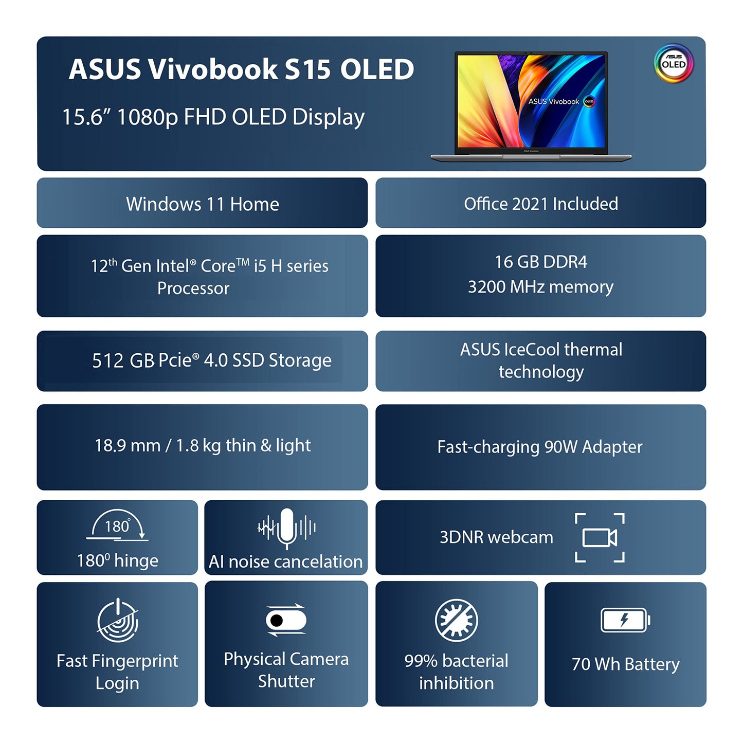 (Brand Refurbished) ASUS Vivobook S15 K3502ZA-L503WS OLED (2022) 15.6" (39.62 cms) FHD OLED, Intel Core Evo i5-12500H 12th Gen
