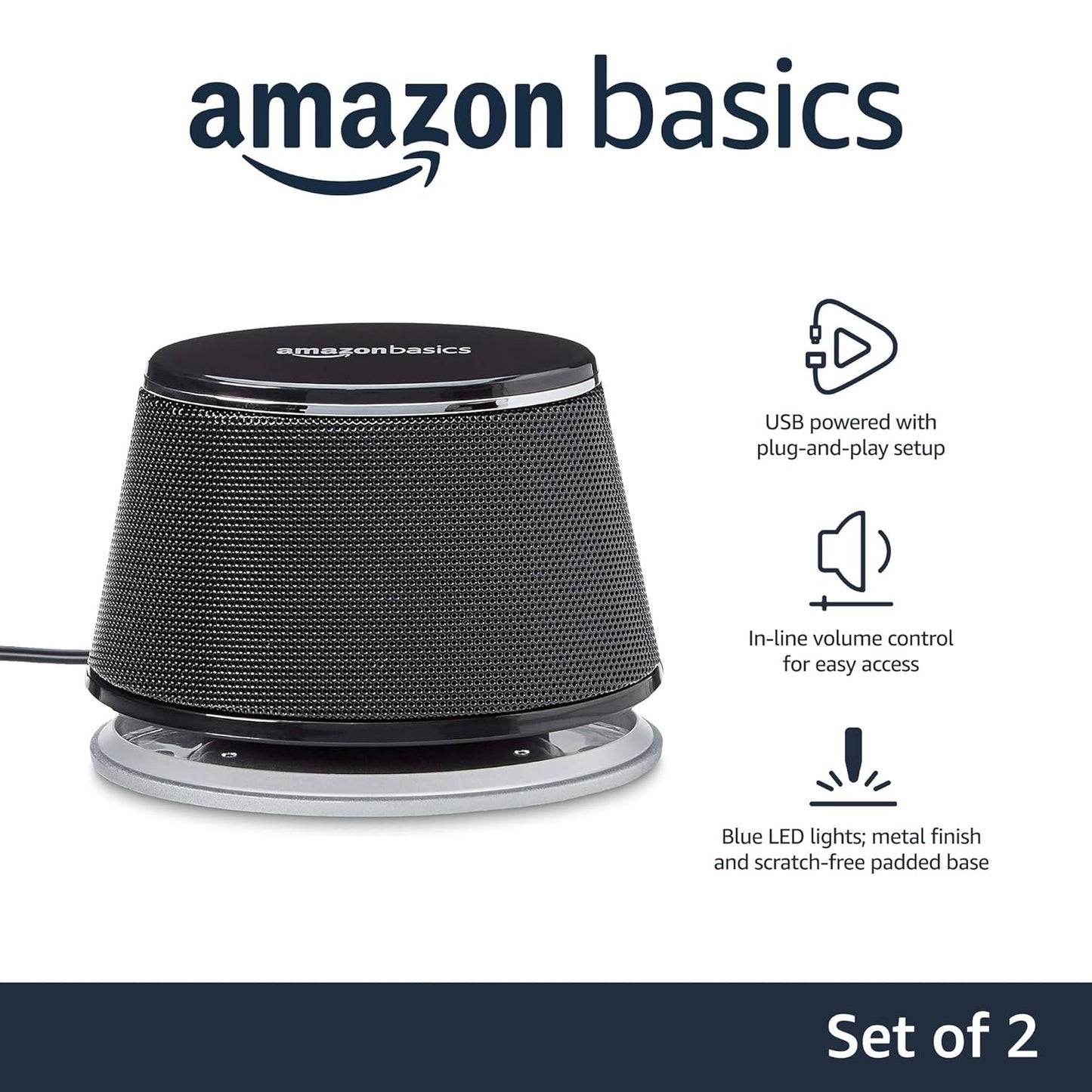 (Open Box) amazon basics Usb-Powered Pc Computer Speakers With Dynamic Sound | Black, 2.4 Watts