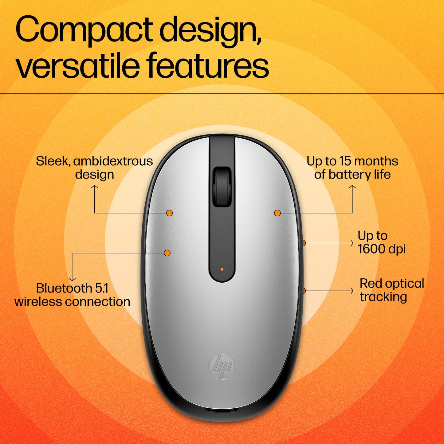 (Open Box) HP 240 Bluetooth Mouse/Ambidextrous; Compact Size; Portable Mouse/Red Optical Tracking/1600 dpi/3 Years Warranty/Pike Silver (43N04AA)