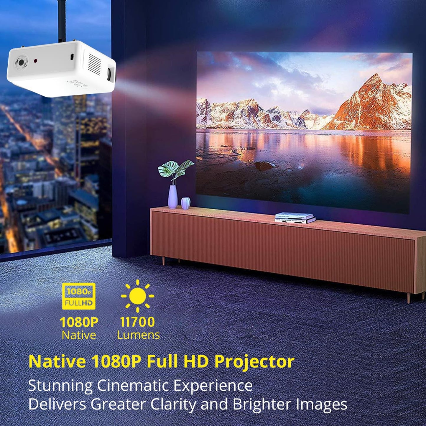 (Open Box) WZATCO Yuva Plus (Upgraded) Native 1080P Full HD Projector with 4K Support, 11700 Lumens, 250" Screen | 5 Watt HiFi Speaker, Bluetooth 5.1 | Slide Lens Door, White
