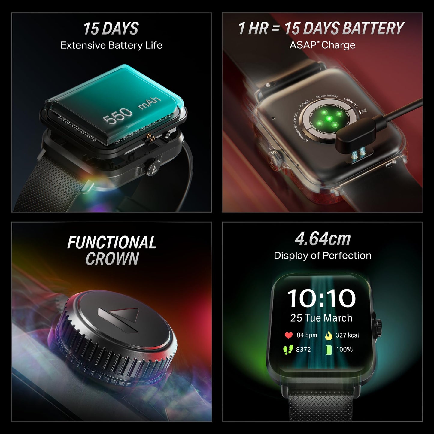 (Open Box) boAt Storm Infinity Plus w/15 Days Extensive Battery fueled by Huge 550mAh Battery, Fast Charge, 1.83”(4.65cm)HD Display, Functional Crown, BT Calling, Smart watch for Men & Women (Active Black)
