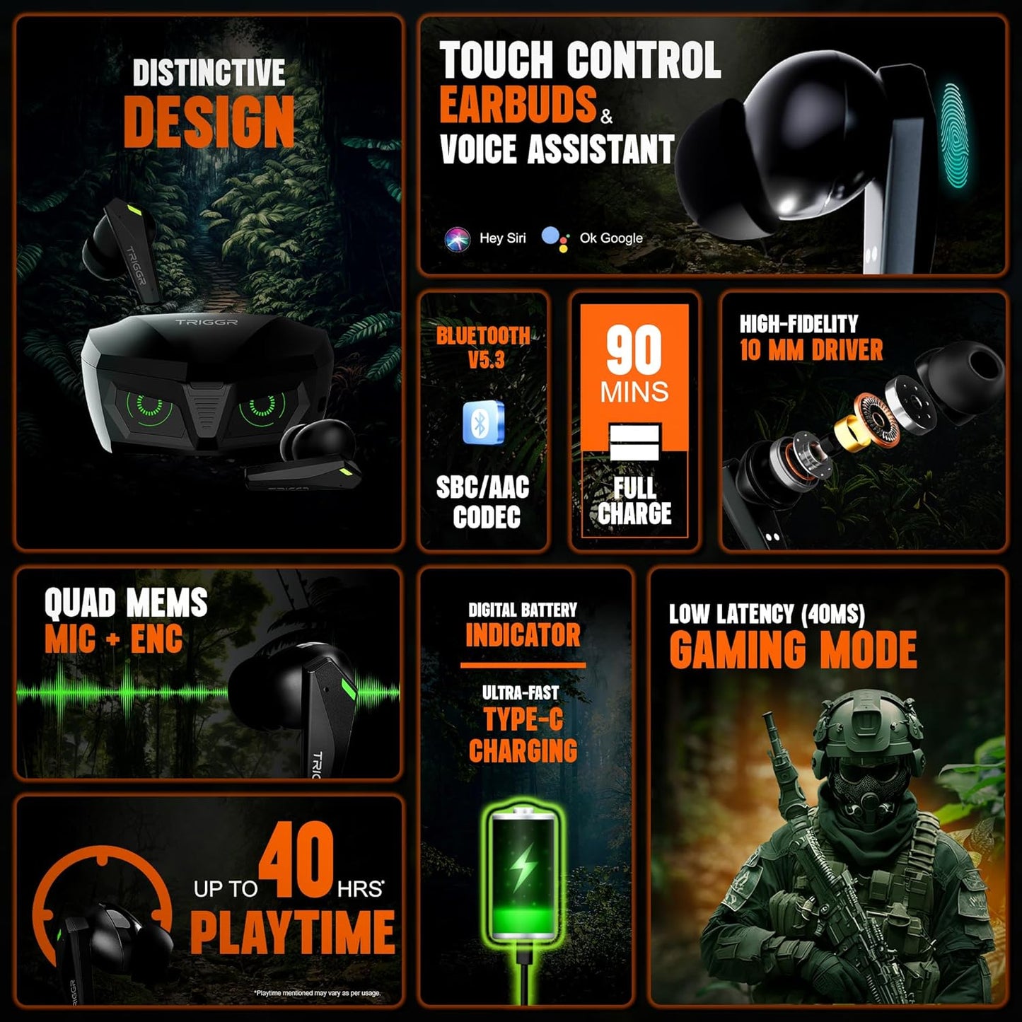 (OPEN BOX) TRIGGR Kraken X1 with Battery Display, 40ms Latency, Quad Mic ENC, 40 Hr Battery, v5.3 Bluetooth Headset (Black, True Wireless)
