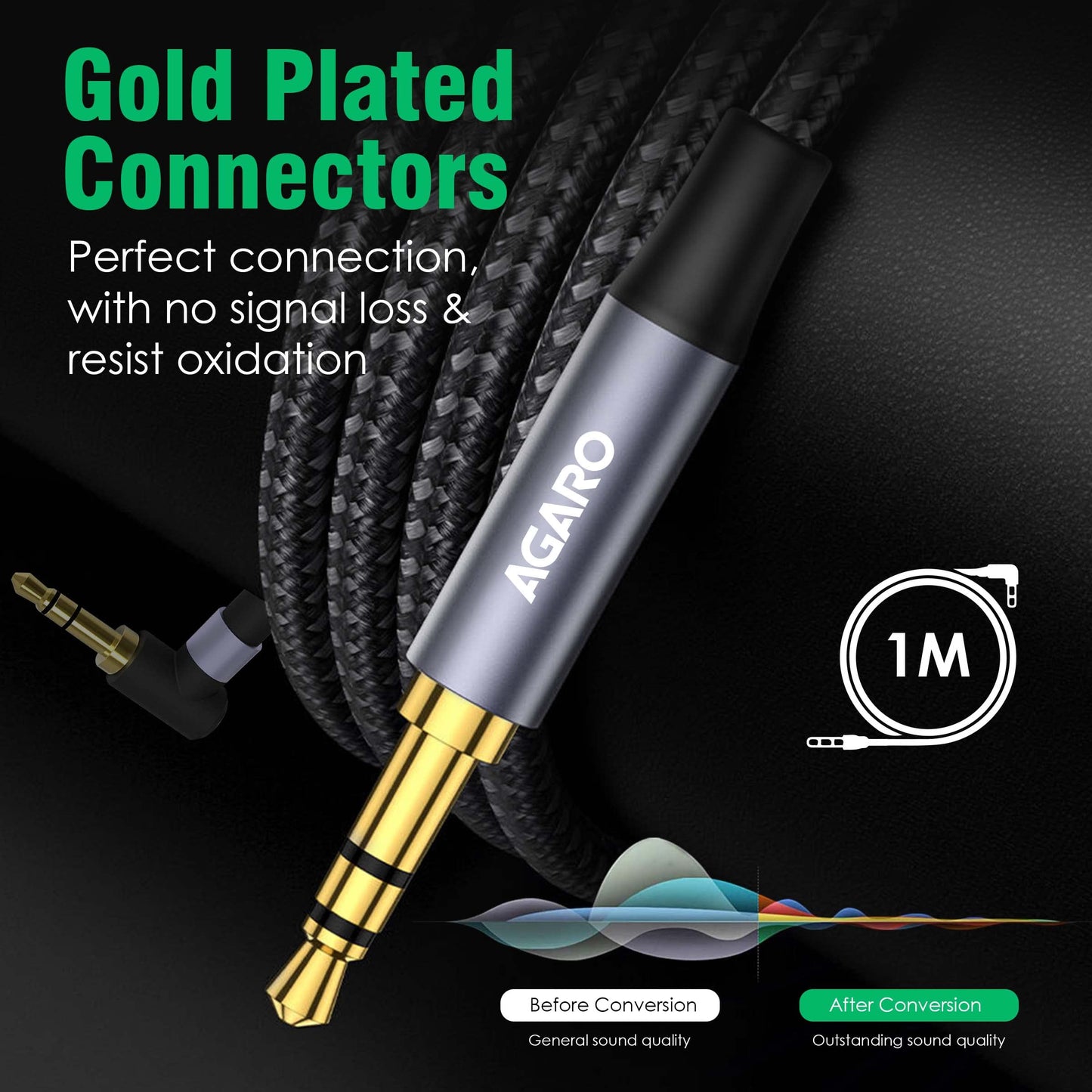 (Open Box) AGARO 3.5mm Audio Cable Stereo Aux 90 Degree Right Angle Aux Cable 24K Gold Plated Male to Male Hi-Fi Sound for Car,Home Stereos,Speakers,Tablets 2M/ 200CM/ 5.6 Ft,Silver & Black,33665