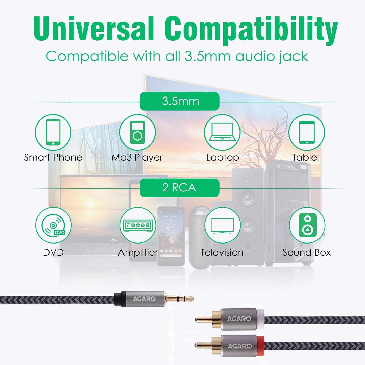 (Open Box) AGARO RCA Cable, 3.5 mm to 2 RCA Male Cable Audio Adapter, Stereo Audio Cable, 3.5 mm AUX to RCA Y Splitter Cable Male for Smartphone, Tablet, Speaker, MP3, TV, PC, Amplifiers, Metal Shell, 3M, grey