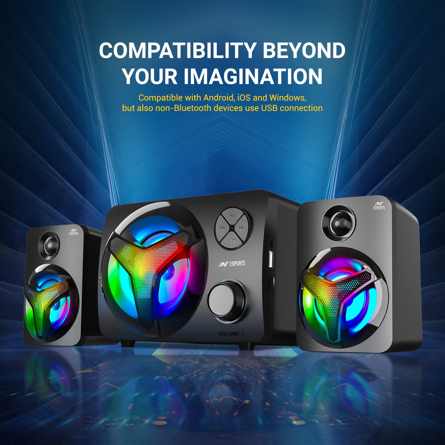 (Open Box) Ant Esports GS350 Pro 2.1 Stereo Gaming Speakers 15W,USB Powered Bluetooth Desktop Speaker Plus 3.5 mm Aux-in, in-line VolumeControl,RGB LED Lights Multimedia Speakers for PC, Laptop,Tablet,Cellphone