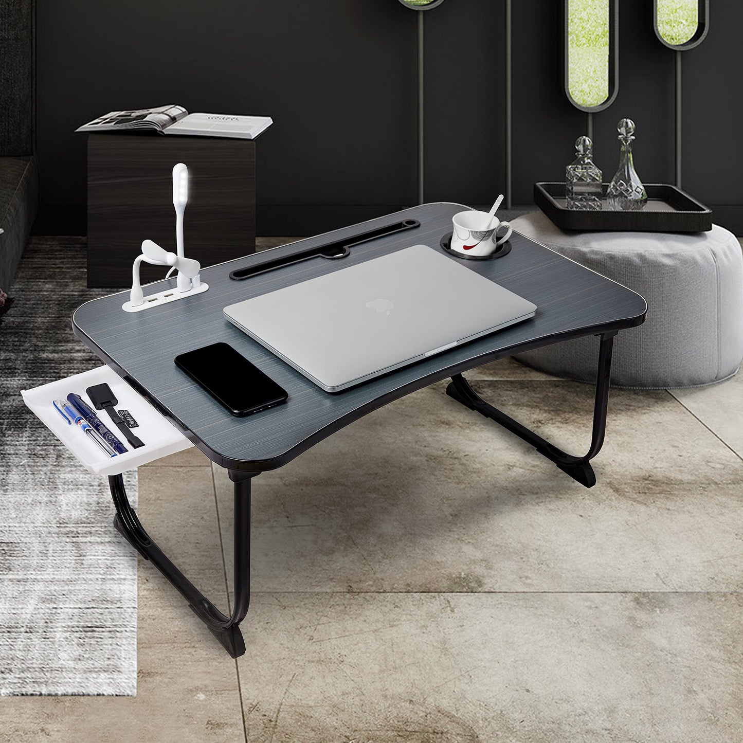 (OPEN BOX)GoRogue Laptop Table for Bed & Sofa, Foldable Desk with Cup Holder, Drawer & Built-in USB Hub with Free Mini Fan, LED Lamp (Black)