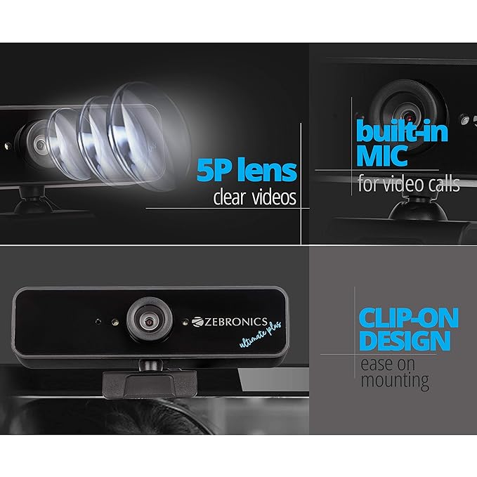 (Open Box) ZEBRONICS Zeb-Ultimate Plus USB Powered high Resolution Web Cam with 5P Lens and Full HD1920x1080,Built-in mic, Night Vision with Control pod for Brightness with 1.5M Cable, Optical Zoom