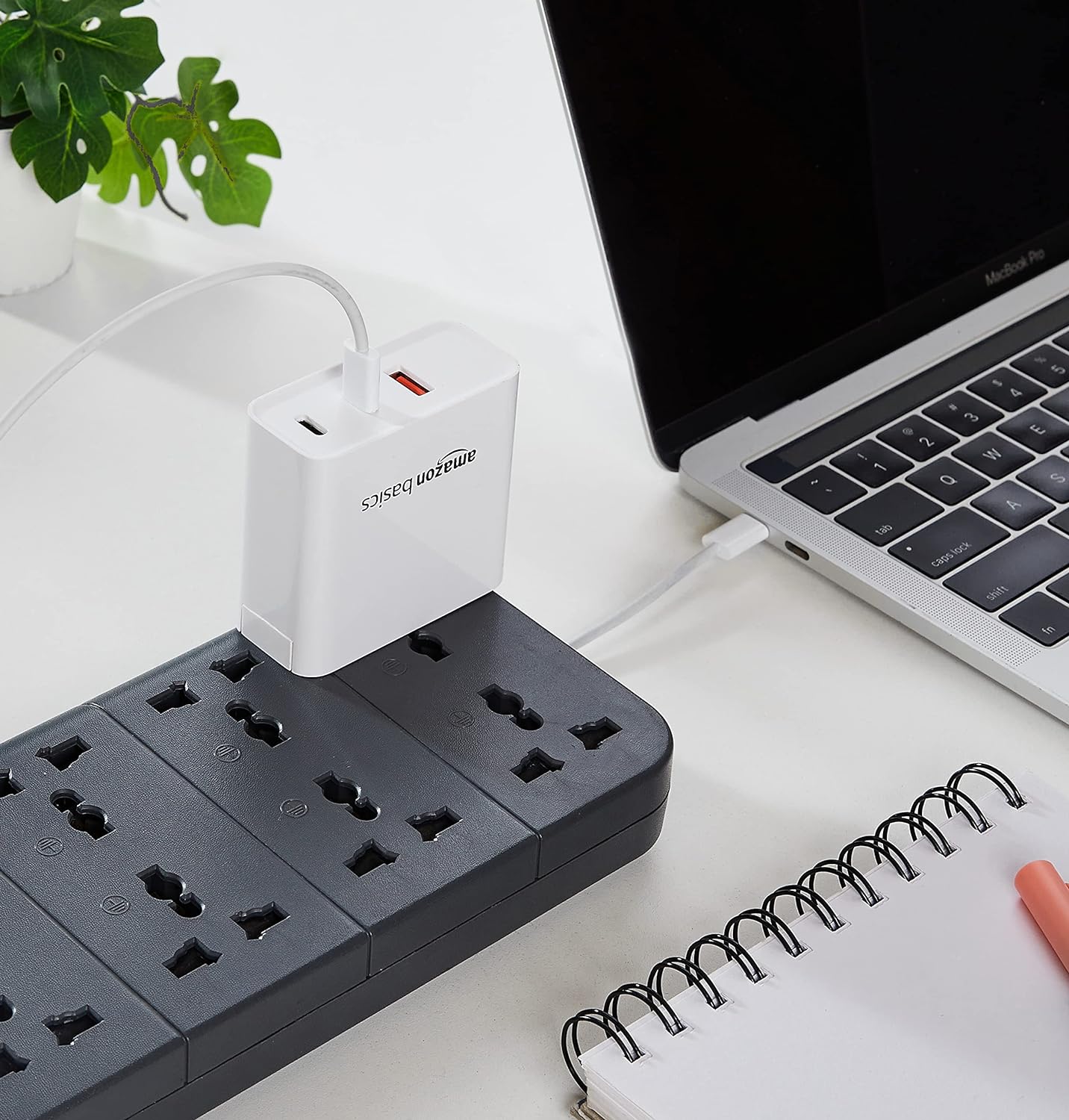 (Open Box) Amazon Basics High Power 65W Mobile/Laptop Charger Dual Port Output with Type-C Charging Cable (White)