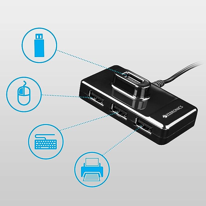 (Open Box) ZEBRONICS Zeb-100HB 4 Ports USB Hub for Laptop, PC Computers, Plug & Play, Backward Compatible - Black
