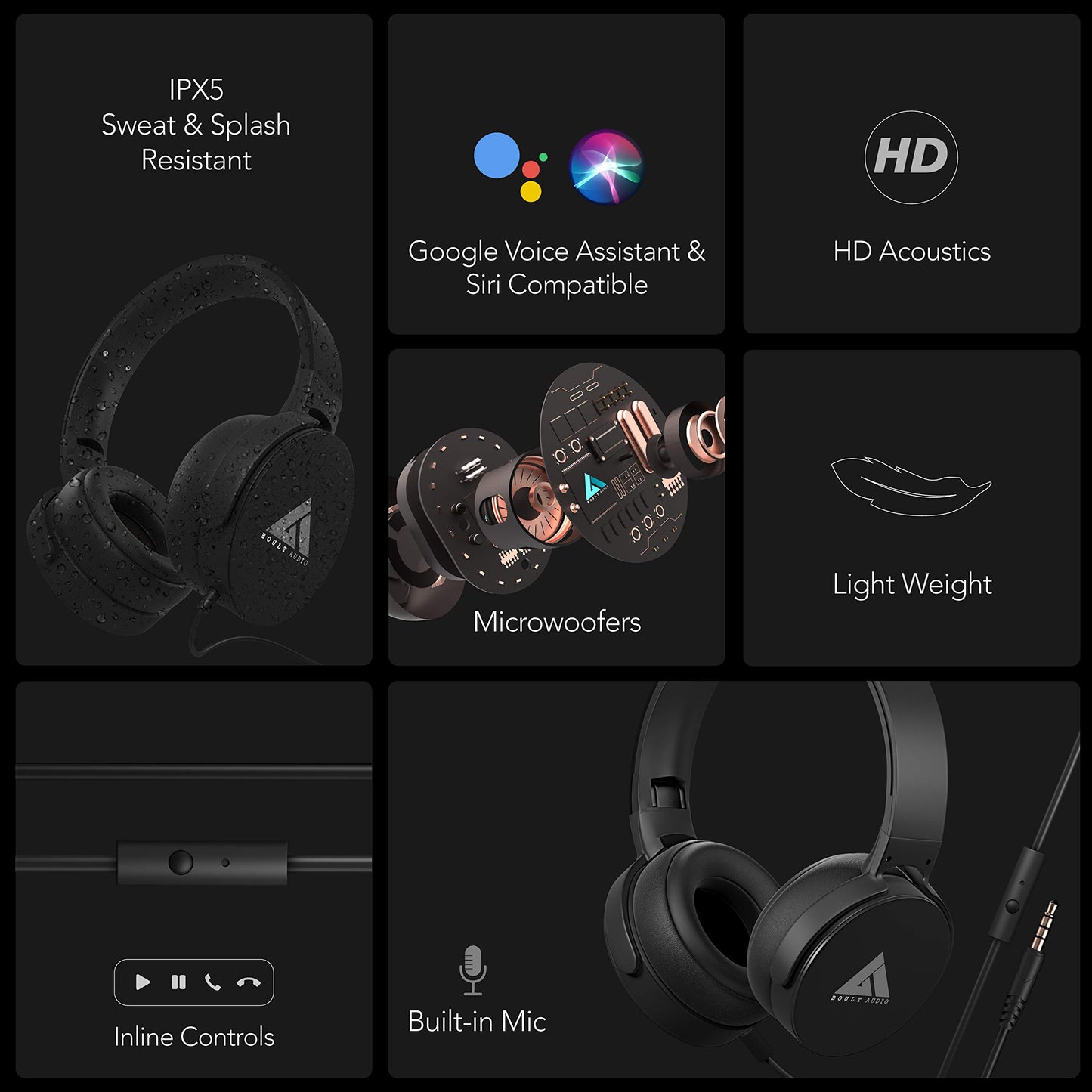 (Open Box) Boult Audio Bass Buds Q2 Lightweight Stereo Wired Over Ear Headphones Set with Mic with Deep Bass, Comfortable Ear Cushions, & Long Cord (Black)