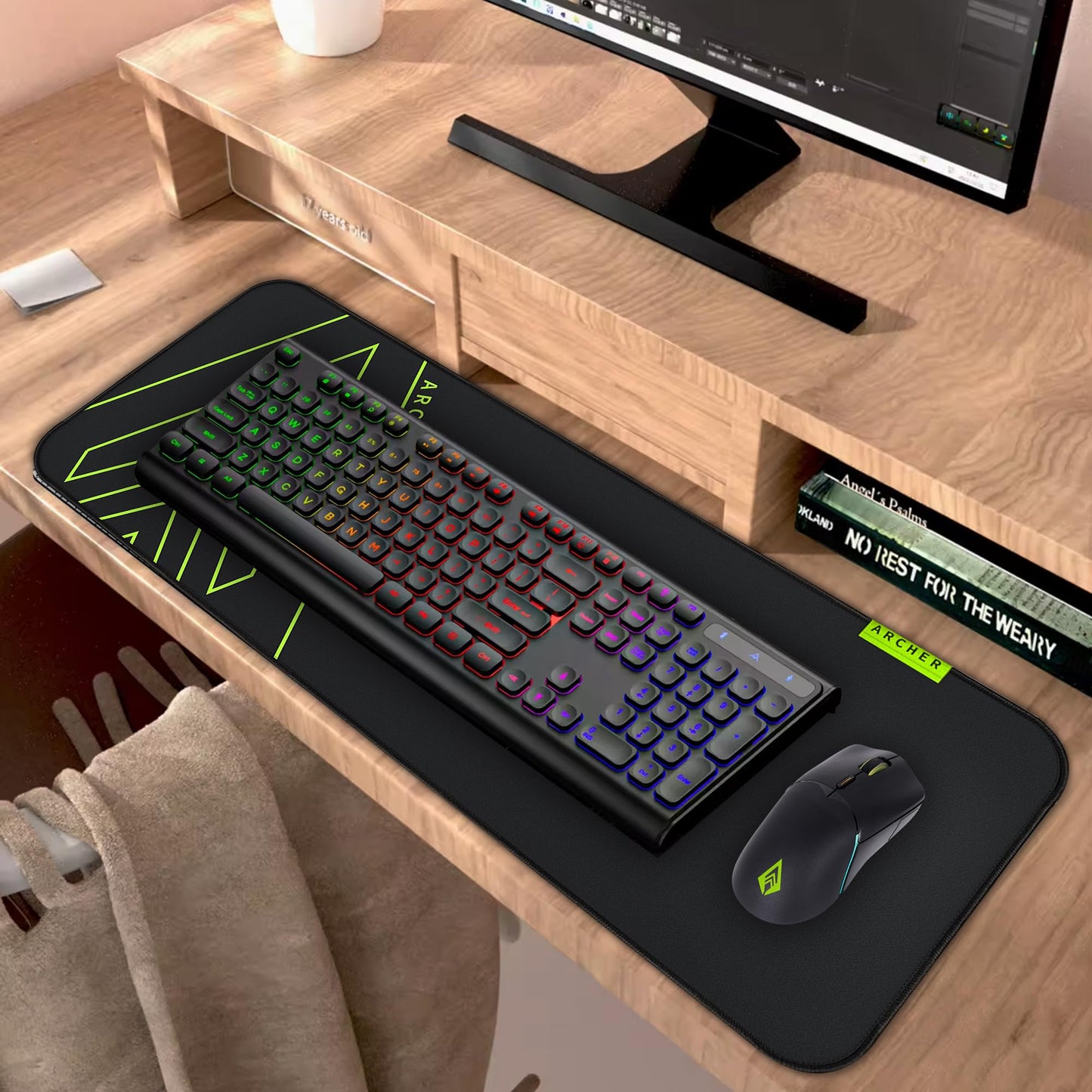 (Open Box) Archer Tech Lab Quiver 400 Gaming Mousepad, 16 RGB Strip Design, Touch Control, High Speed+Low Friction Jacquard Cloth Surface, Fruit Grain Anti Skid Base, Water-Resistant, Extra Ports, Portable