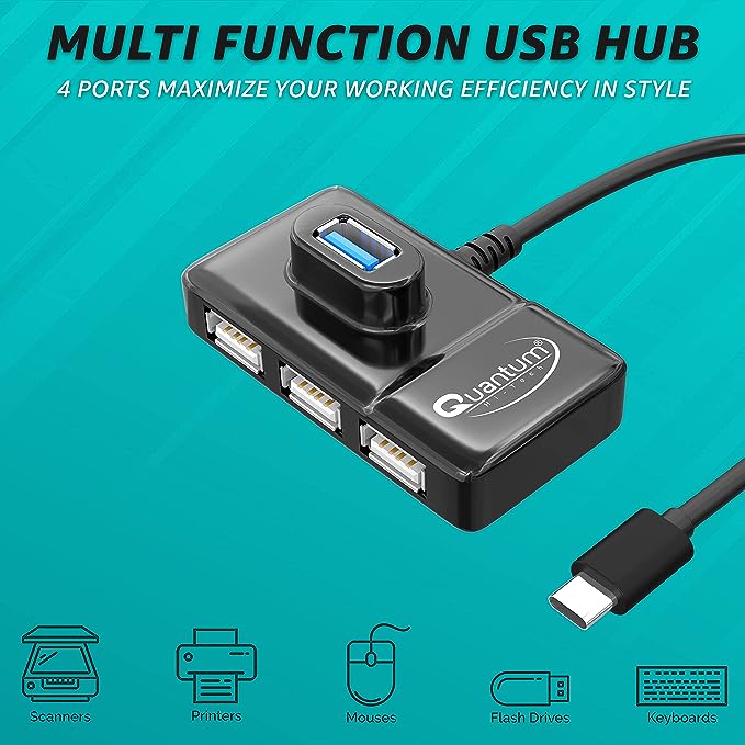 (Open Box) Quantum 4 Port USB C hub (Type C to 4 USB-A Ports), 1 Port 3.0 & 3 Port 2.0 High Speed Data Transfer, Plug Play Usage, Compatible with Laptop, MacBook, PC and Other Type-C Devices, QHM7532 (Black)