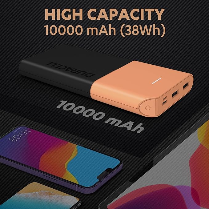 (Open Box) Duracell Power Bank 10000 mAh, Portable Charger, USB C/Micro USB Input, USB A/USB C Output, Fast Charge Technology, 22.5W Power Delivery for Smartphones, Tablets, Headphones and USB-Powered Devices