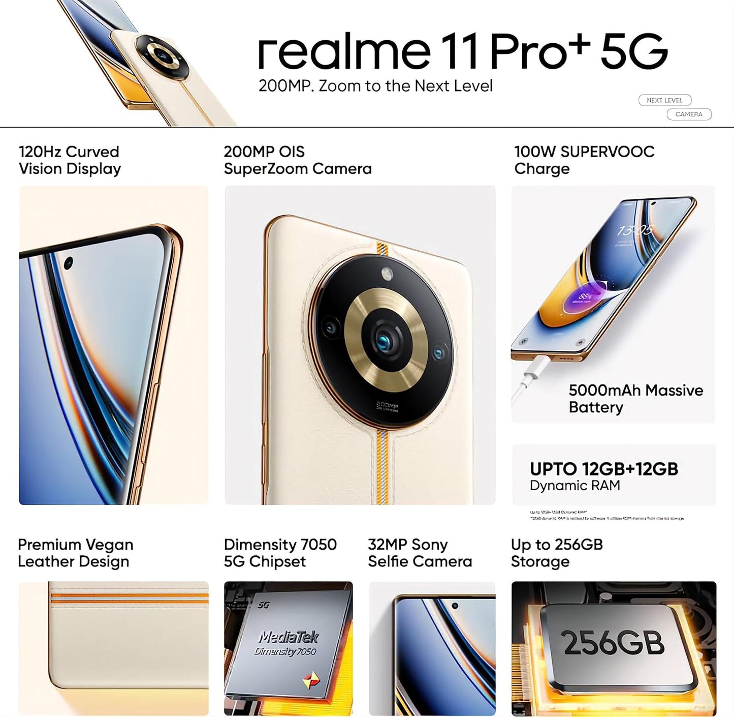 (Open Box) realme 11 Pro+ 5G (Sunrise Beige, 8GB RAM, 256GB Storage) | 120 Hz Curved Display | 200MP ProLight Camera | 7050 5G Dimensity | 12GB Dynamic RAM | Premier Vegan Leather Finish Design