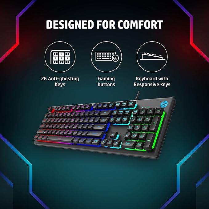 (Open Box) HP K500F Backlit Membrane Wired Gaming Keyboard with Mixed Color Lighting, Metal Panel with Logo Lighting, 26 Anti-Ghosting Keys, and Windows Lock Key (7ZZ97AA)