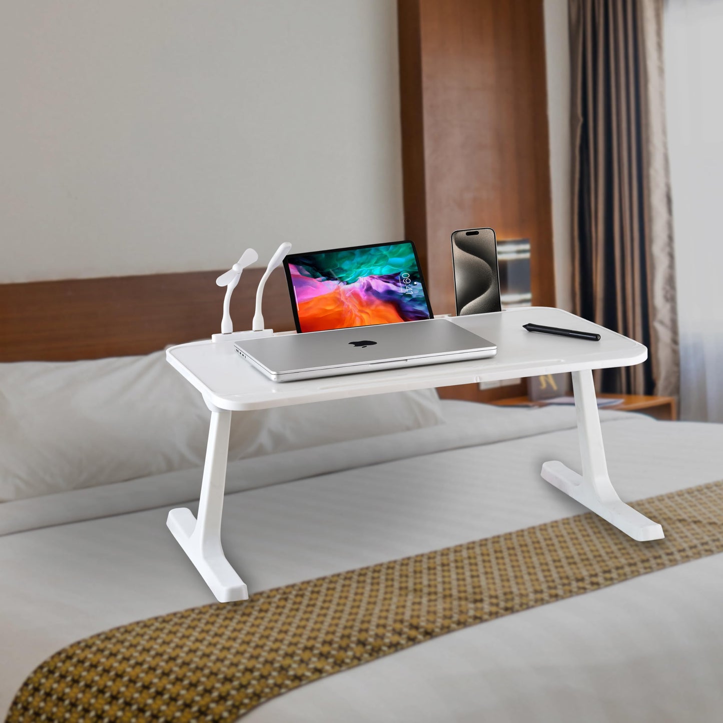 (OPEN BOX)GoRogue Laptop Table for Bed & Sofa, Foldable Desk with Cup Holder, Drawer & Built-in USB Hub with Free Mini Fan, LED Lamp (Black)
