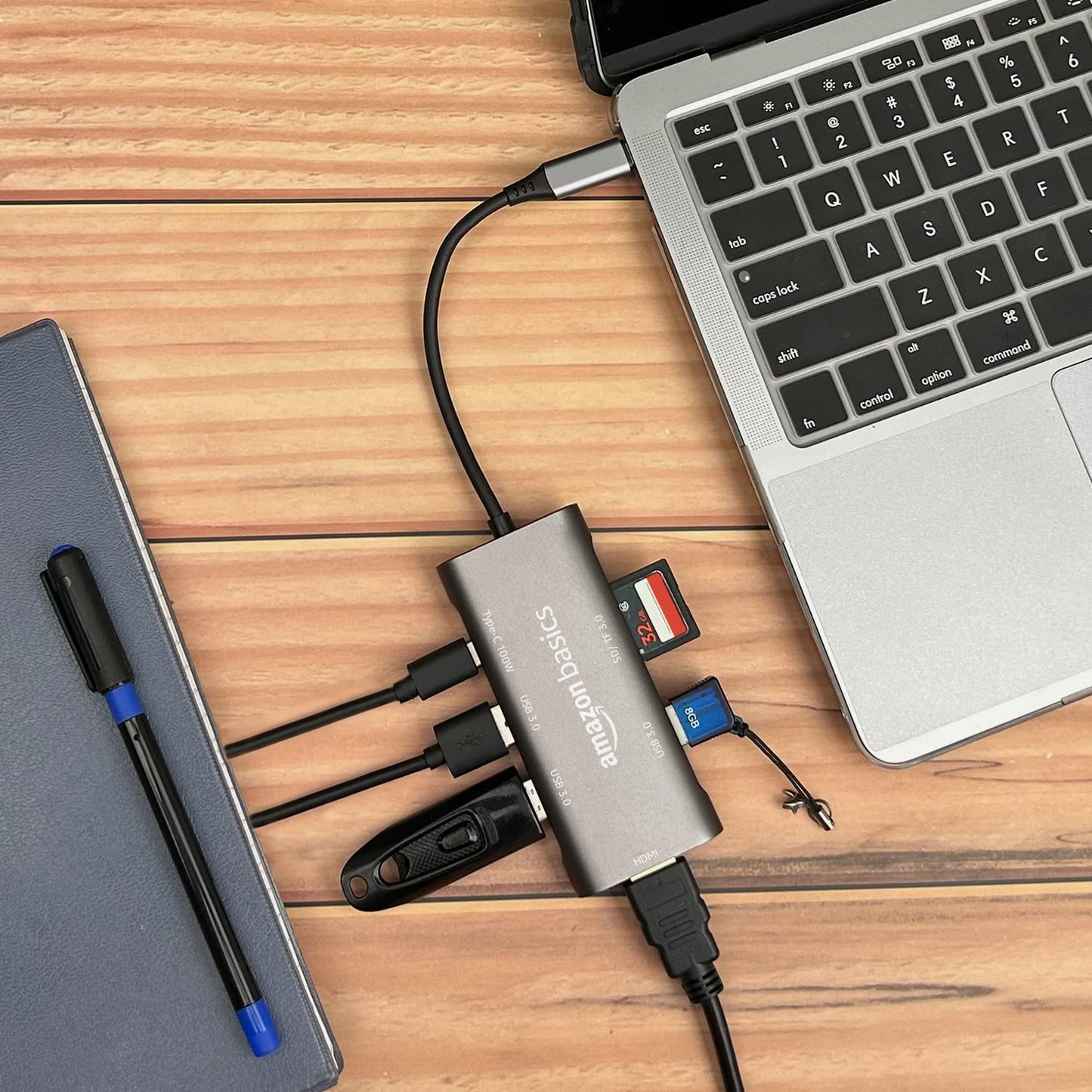 (Open Box) Amazon Basics USB-C Hub Dock 8-in-1 HDCP Aluminium Type-C Adapter with 4K HDMI Port, Ethernet 100mbps Port, USB 3.0 Port, USB-C Power Delivery, TF/SD Card Reader, Mac & Windows USB-C Devices