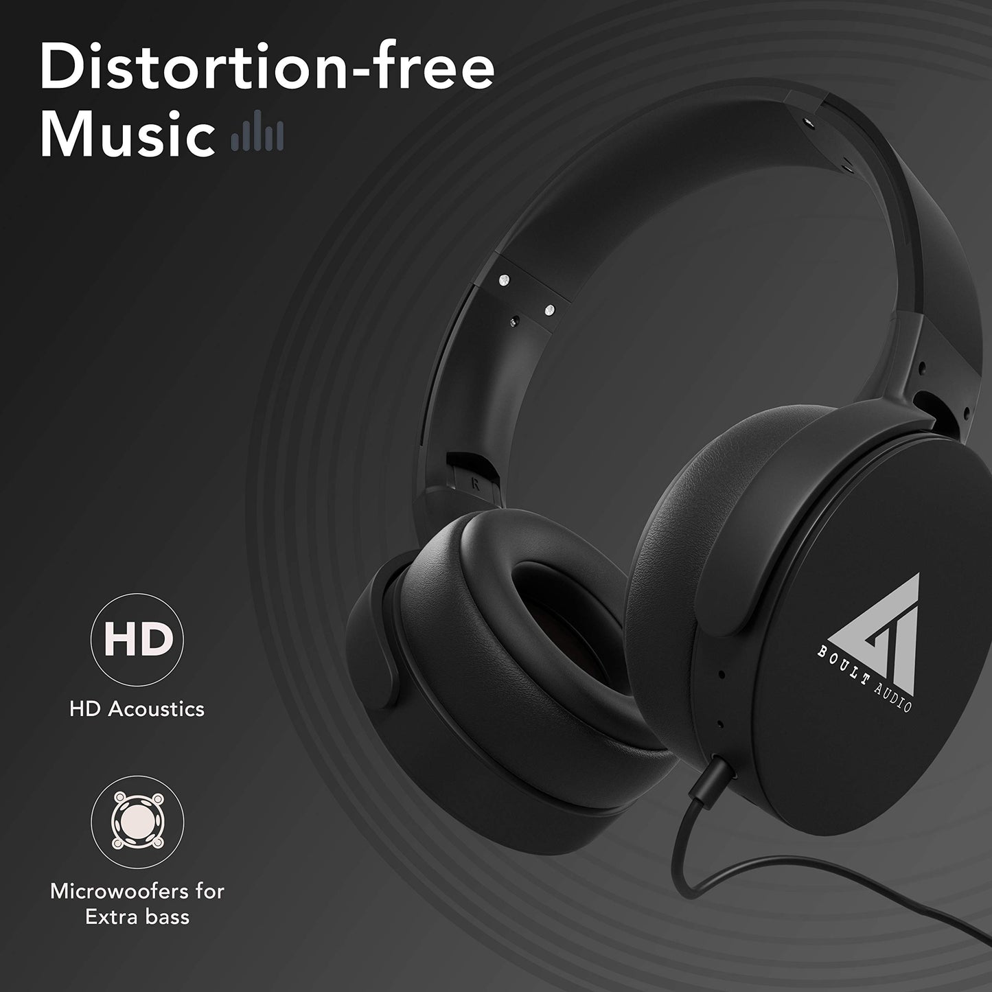 (Open Box) Boult Audio Bass Buds Q2 Lightweight Stereo Wired Over Ear Headphones Set with Mic with Deep Bass, Comfortable Ear Cushions, & Long Cord (Black)