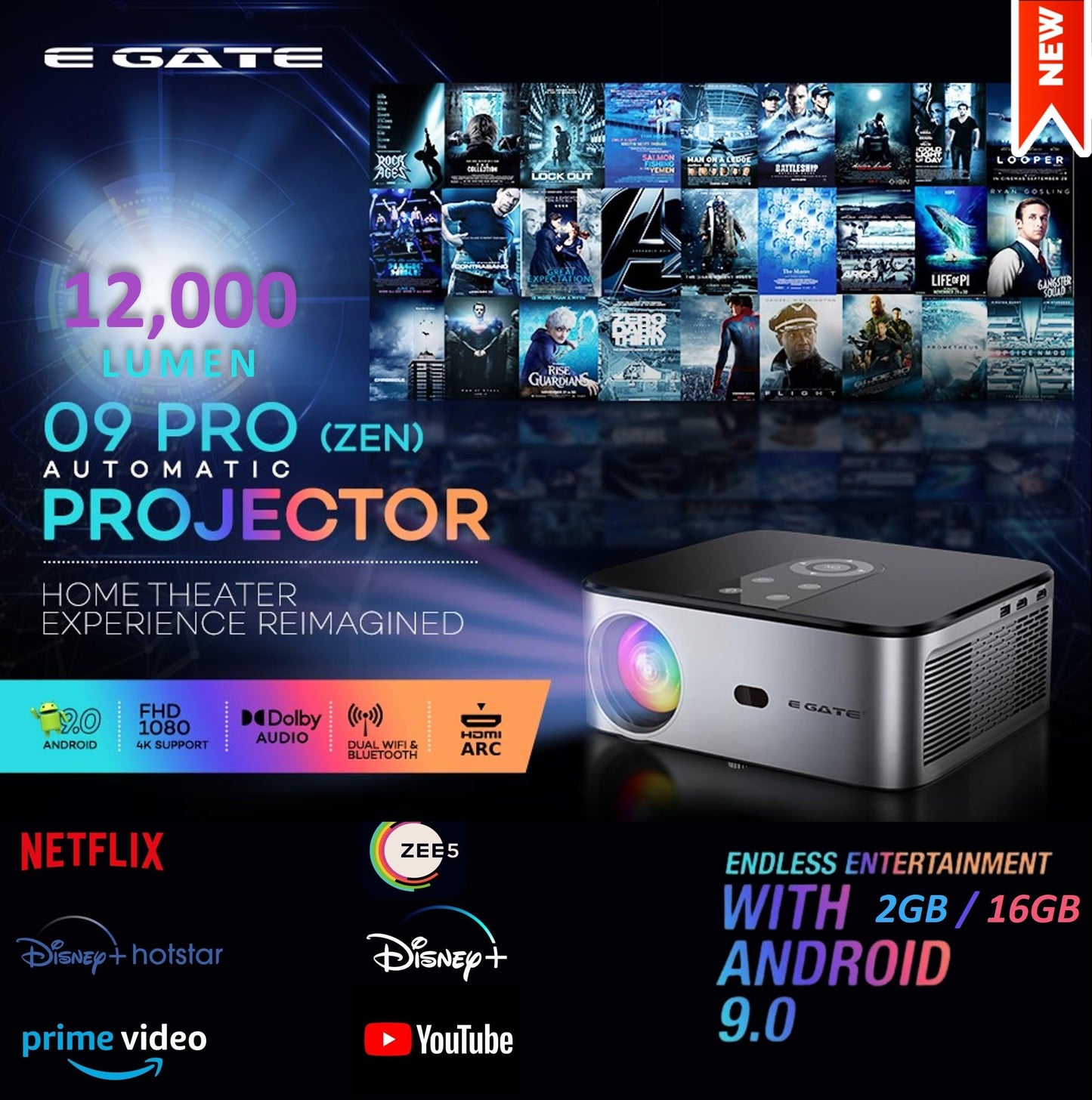 (Open Box) Egate K9 Pro-Max Android FHD 1080p LED Projector,