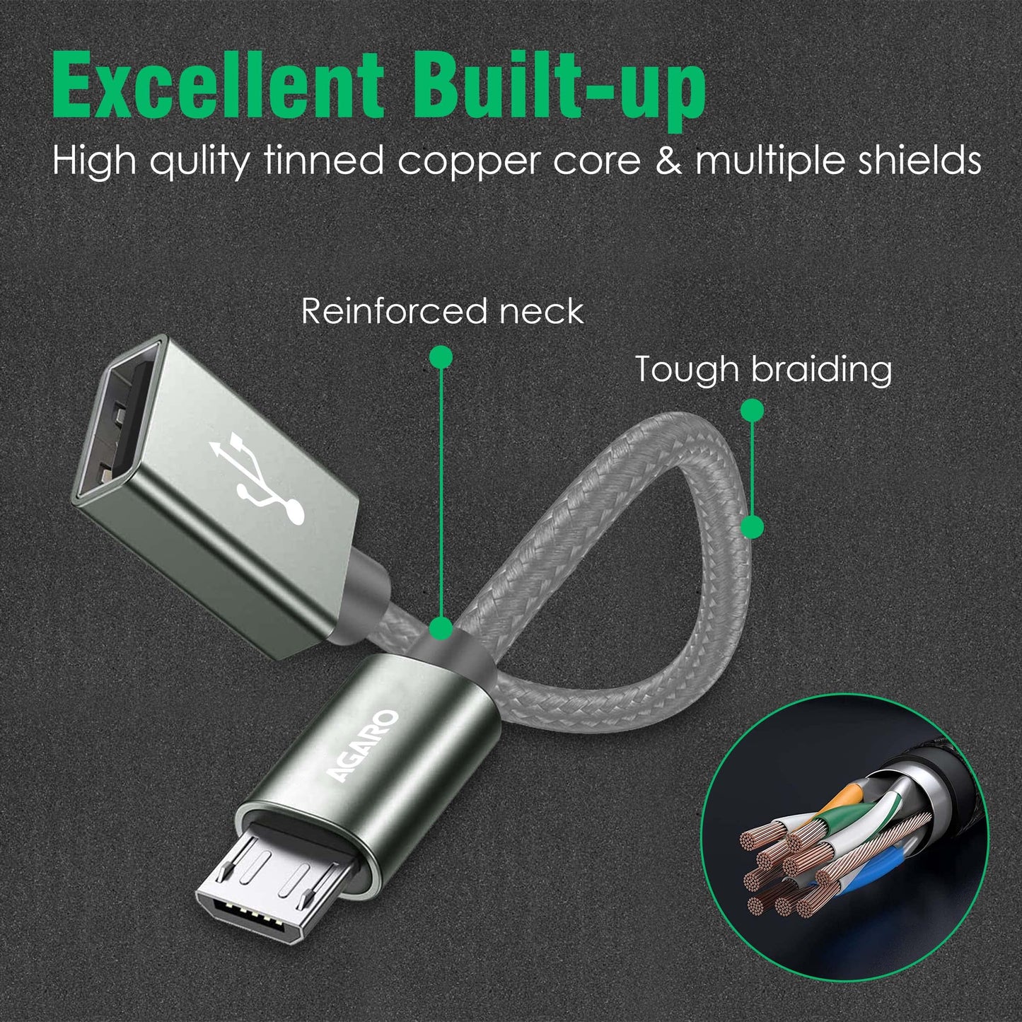 AGARO Micro USB to USB A Female OTG Adapter- (Metallic Grey)