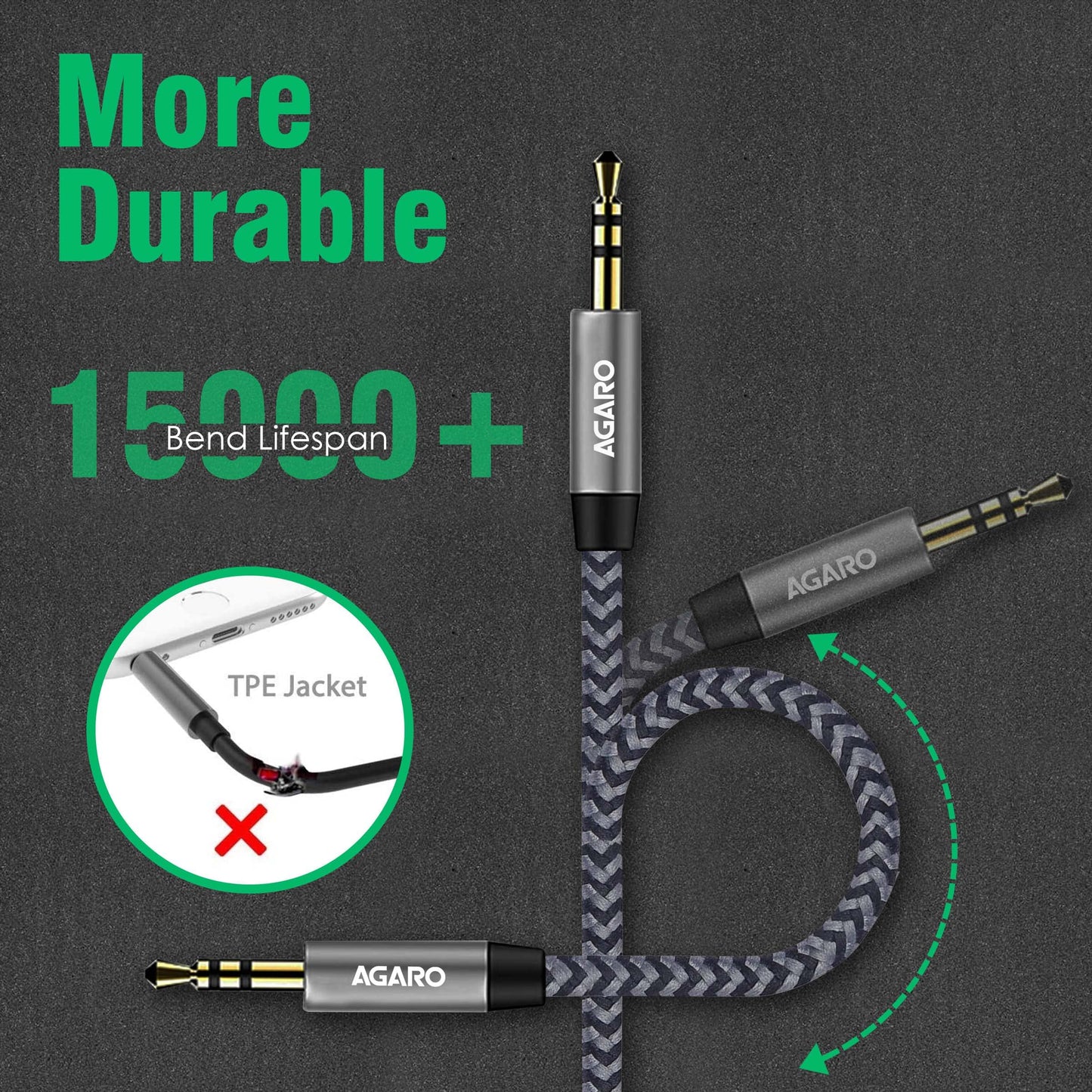 (Open Box) AGARO 3.5mm Audio Cable Stereo Aux 90 Degree Right Angle Aux Cable 24K Gold Plated Male to Male Hi-Fi Sound for Car,Home Stereos,Speakers,Tablets 2M/ 200CM/ 5.6 Ft,Silver & Black,33665