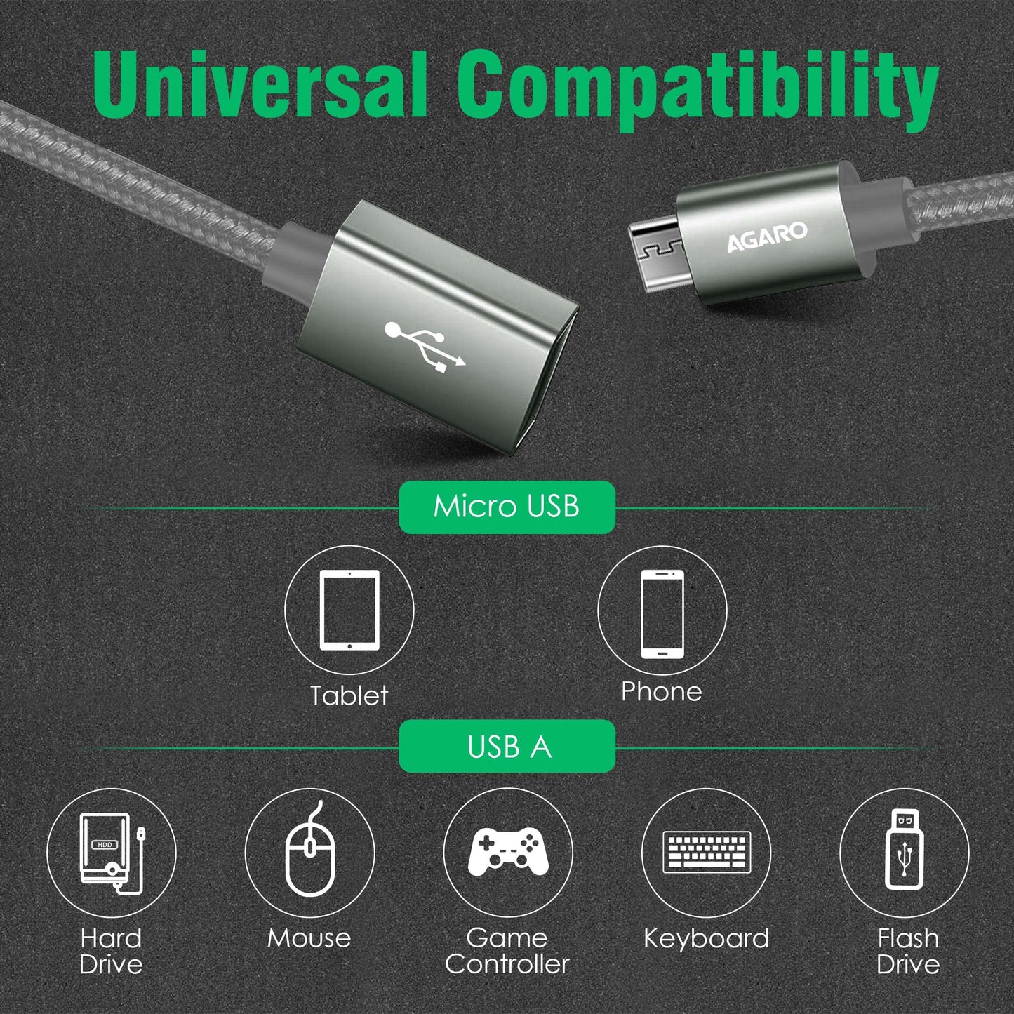 AGARO Micro USB to USB A Female OTG Adapter- (Metallic Grey)