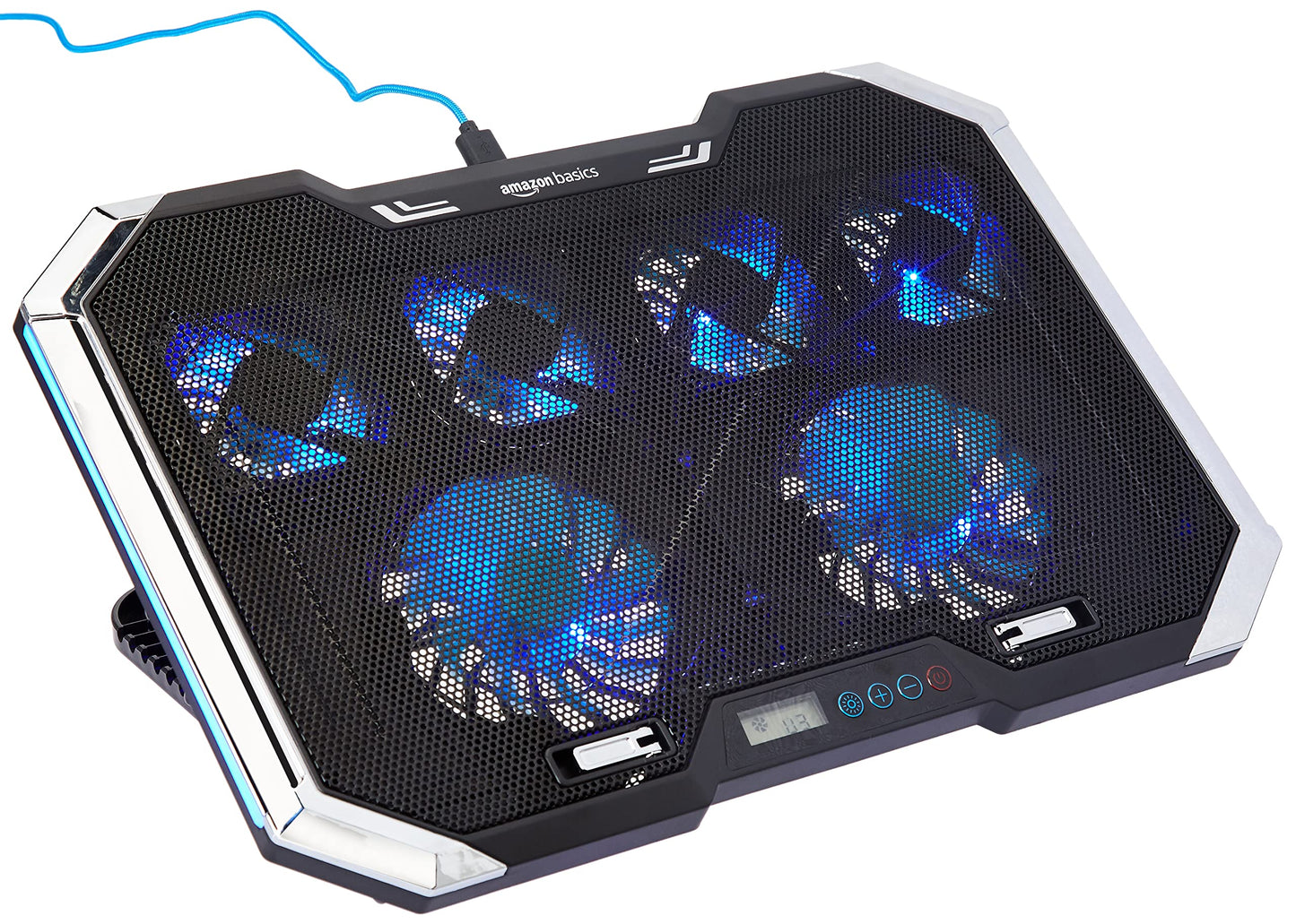 (Open Box) Amazon Basics Laptop Cooling Pad, USB Powered Portable Gaming Laptop Cooler Stand | Quiet 2 Fans with Blue LED Light | 2 Viewing Angles | Slim Chill Mat for 10 to 15.6-Inch Laptops
